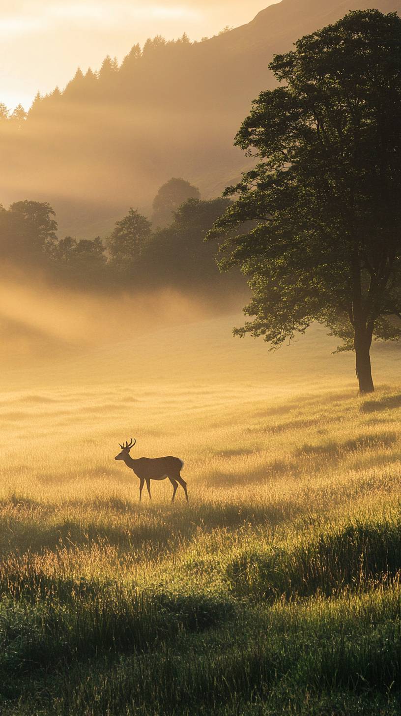 Prado de alta montanha com neblina matinal e cervos pastando sob a suave luz do amanhecer.