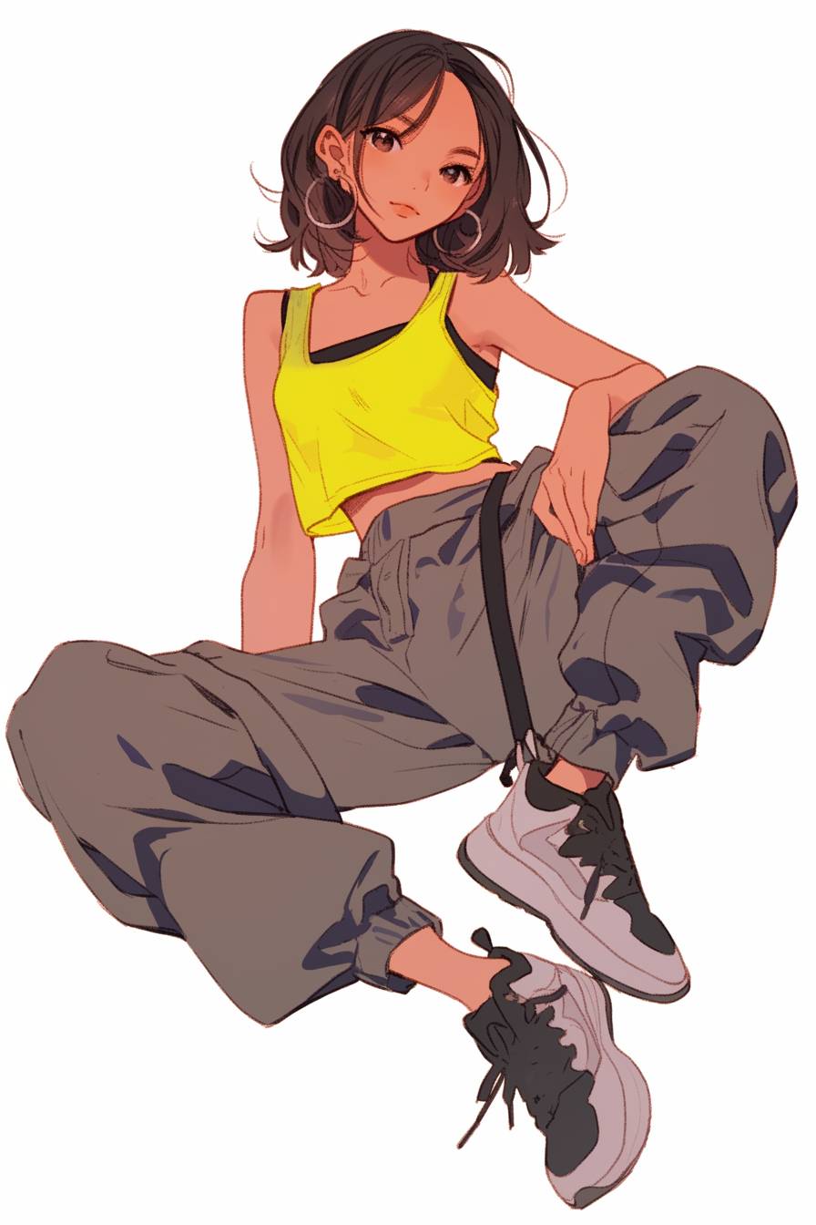 Anime girl in a bright tank top and baggy pants, casual streetwear, sporty sneakers, carefree vibe