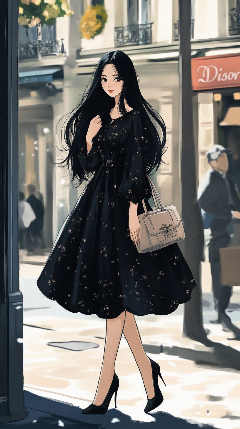 Uma garota de cabelo preto longo está vestindo um vestido clássico da Christian Dior, exibindo um estilo elegante nas ruas de Paris.