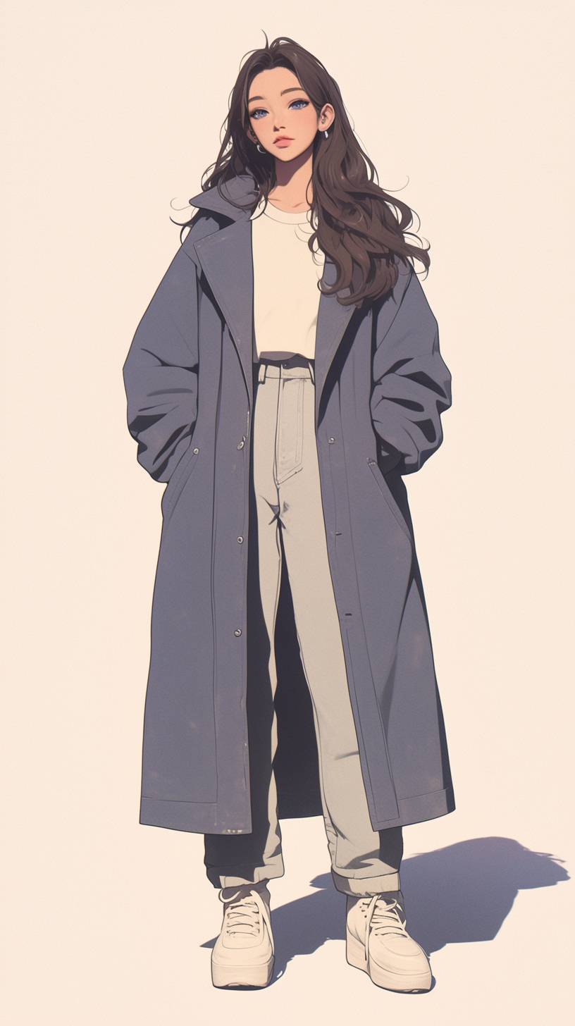 Fille d'anime néerlandaise avec un trench-coat pastel, t-shirt blanc et jeans taille haute, tenue décontractée et stylée, adaptée pour le vélo.