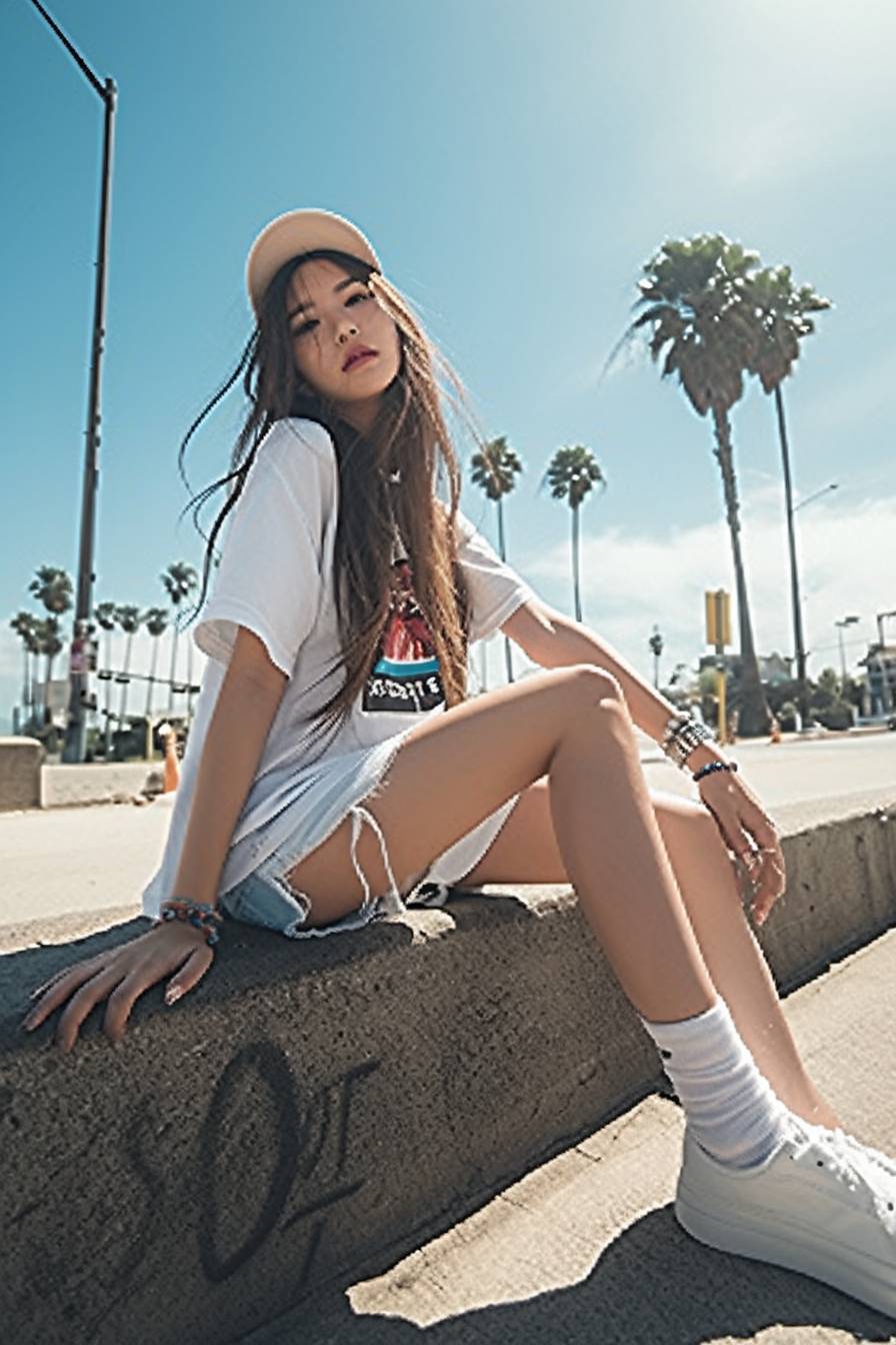 Una chica con un ambiente veraniego, vistiendo una camiseta gráfica recortada, pantalones cortos y zapatillas blancas, disfrutando de una escena de mercado al aire libre.