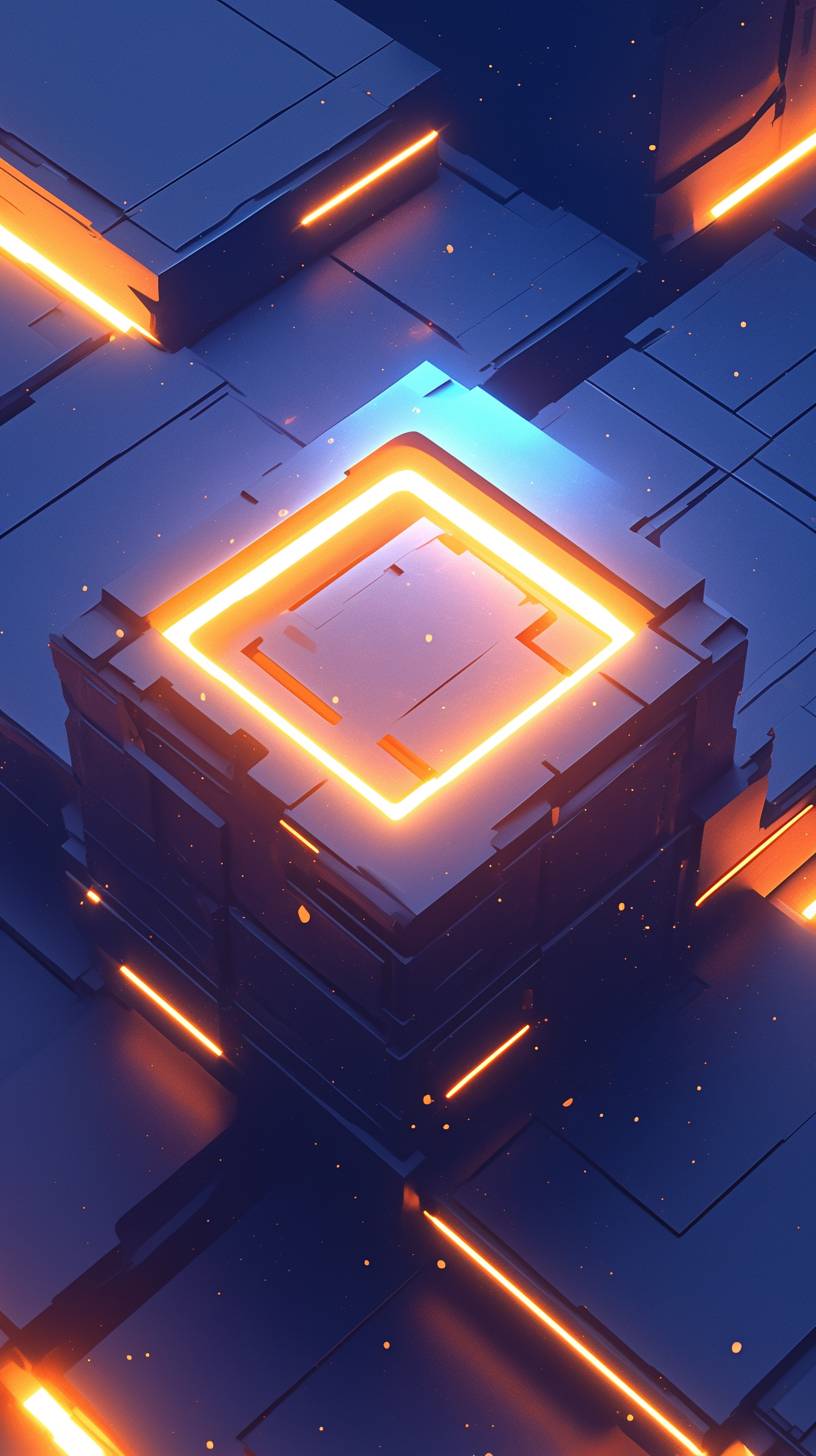 Simple 3D geometric shapes, glowing electric blue and orange, minimalistic aesthetic