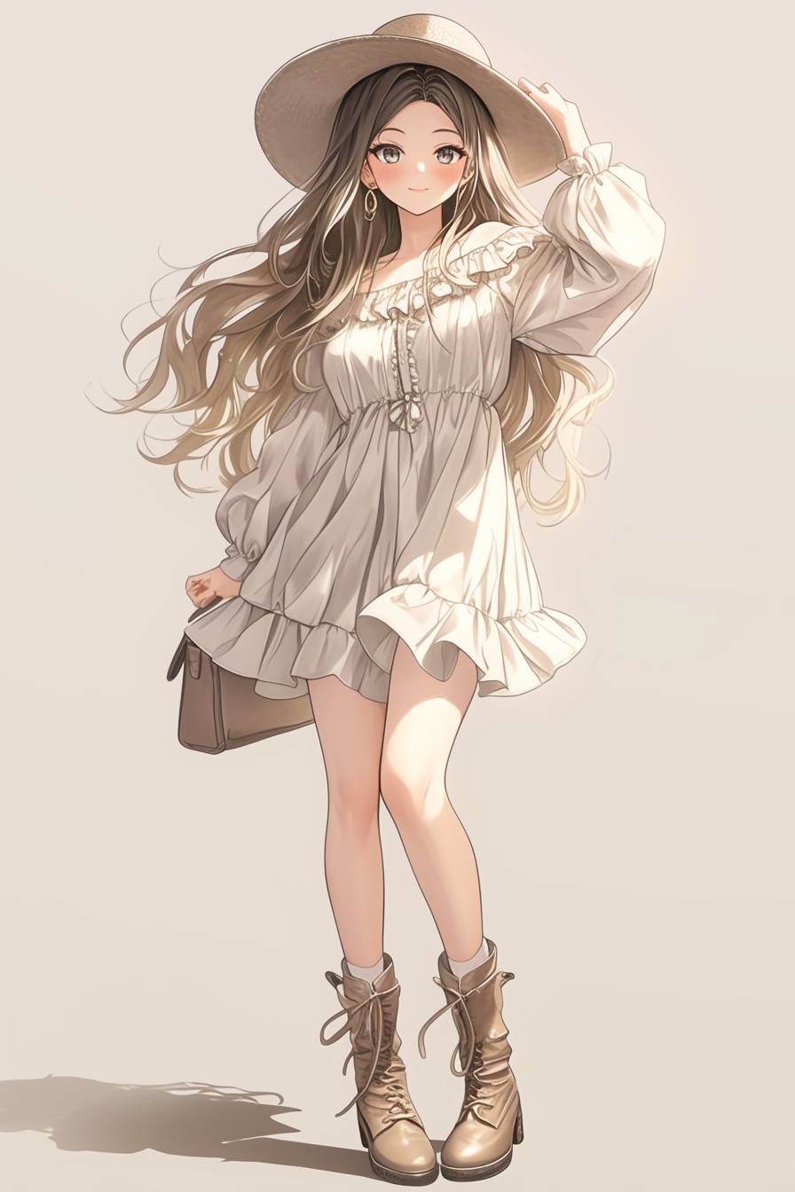 Uma garota de anime com cabelo longo e ondulado, vestindo um vestido branco com babados, botas de cano baixo bege e um chapéu de aba larga, carregando uma bolsa de couro marrom.