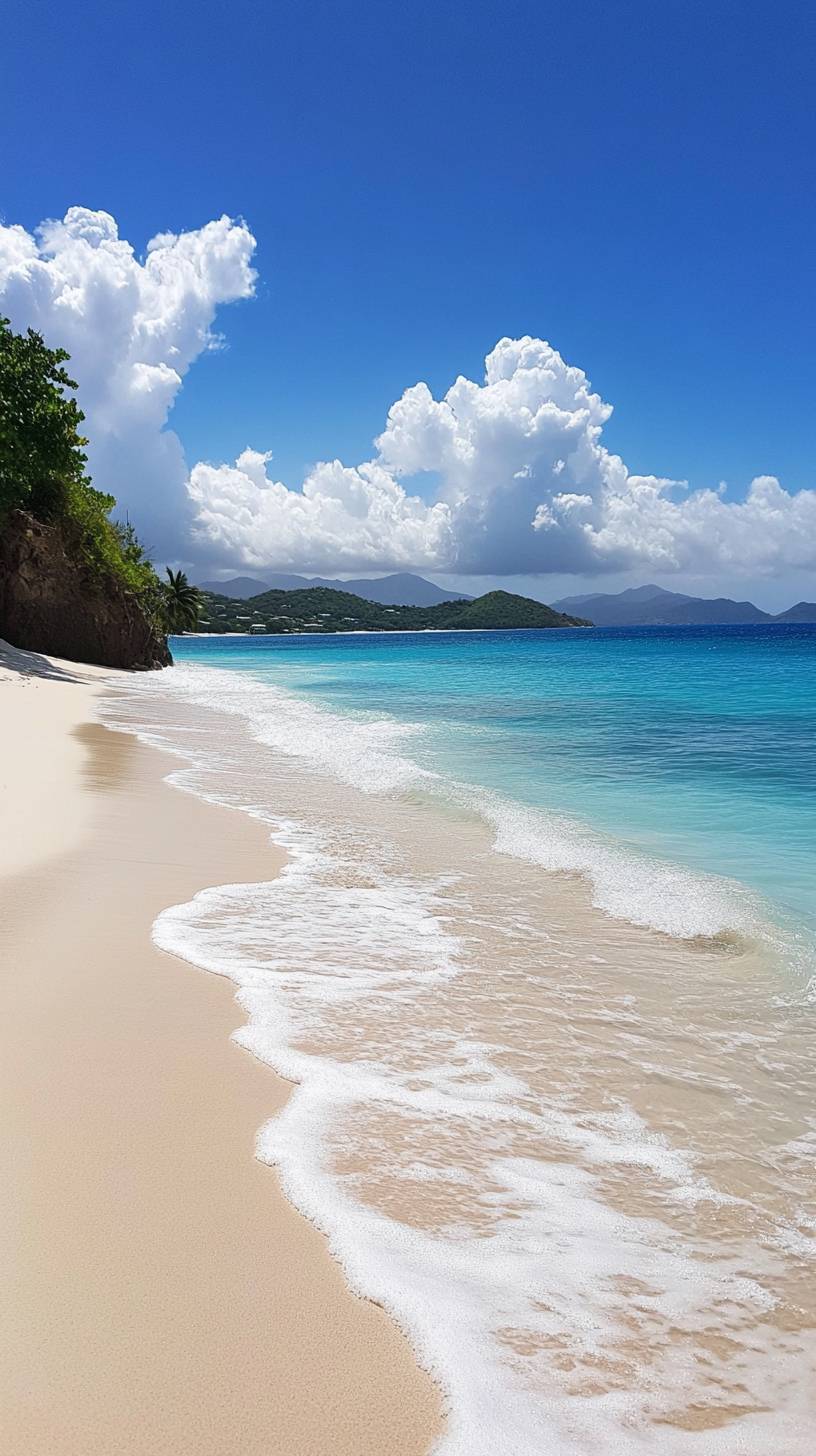 Praia de areia branca intocada com águas turquesas e ondas suaves, um paraíso tropical.