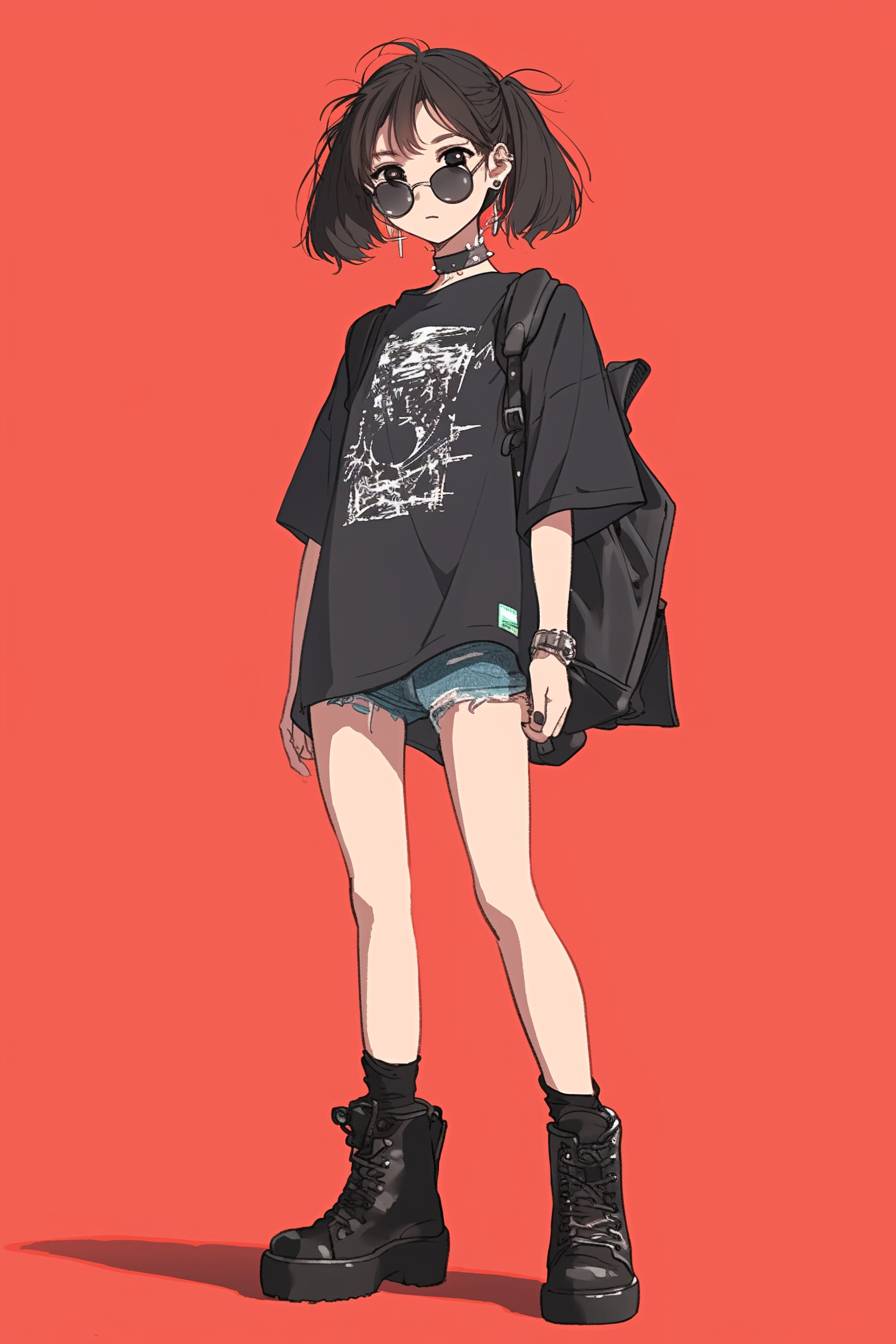 Une fille d'anime dans une tenue edgy et stylée, avec un T-shirt graphique noir, des shorts en jean déchirés et des bottes de combat noires, inspirée par le style ludique et chic de Lily Collins, complétée par un sac à dos en cuir et des lunettes de soleil aviateur sombres.