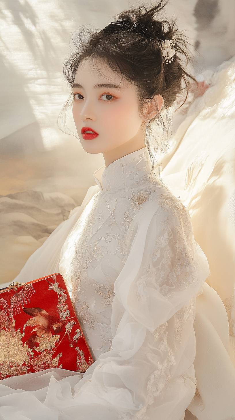 Guan Xiaotong viste un atuendo inspirado en el qipao moderno, con un peinado elegante y un bolso de diseñador en una galería de arte contemporáneo.