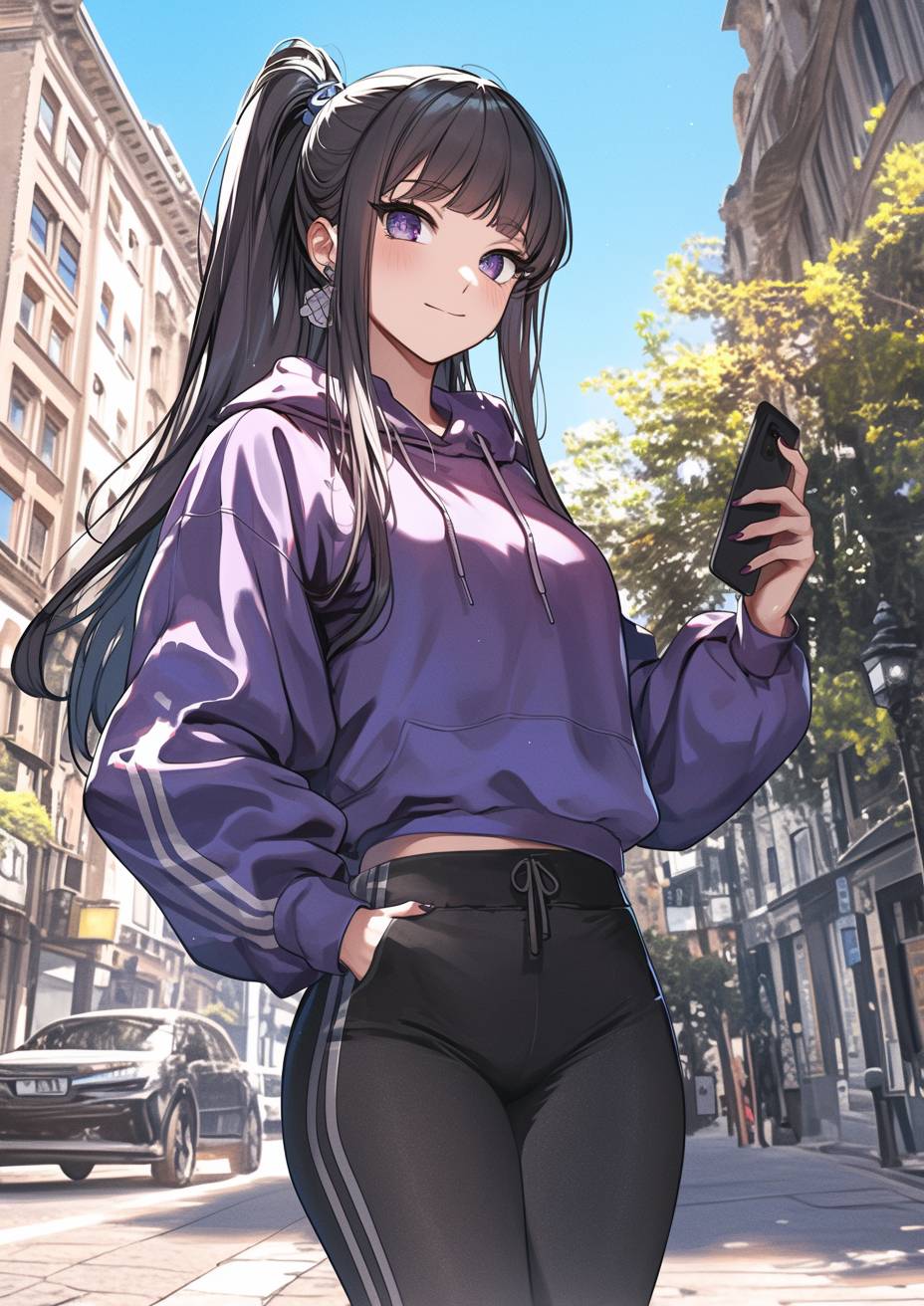 Hinata Hyuga de Naruto camina por las calles de la aldea con un atuendo casual: una sudadera con cremallera morada, leggings negros y zapatillas blancas, lleva una mochila pequeña.