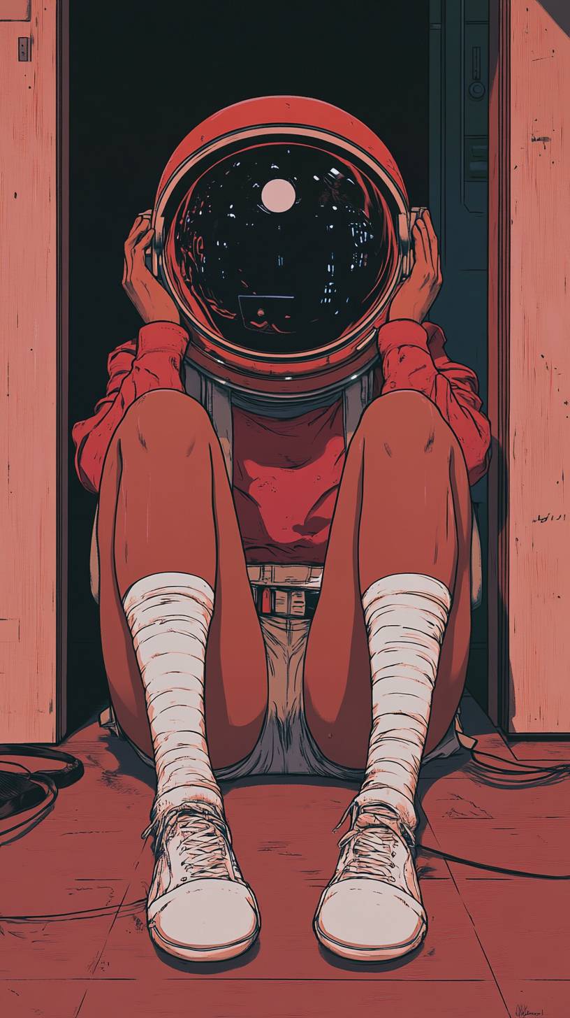 A girl sitting on the floor in a red shirt and white socks, wearing an astronaut helmet, hands behind her head, in a melancholic 90's anime style.