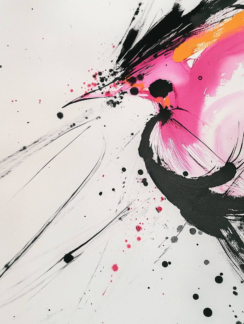 Pink Chinese phoenix, ink art, abstract simplicity, white background.