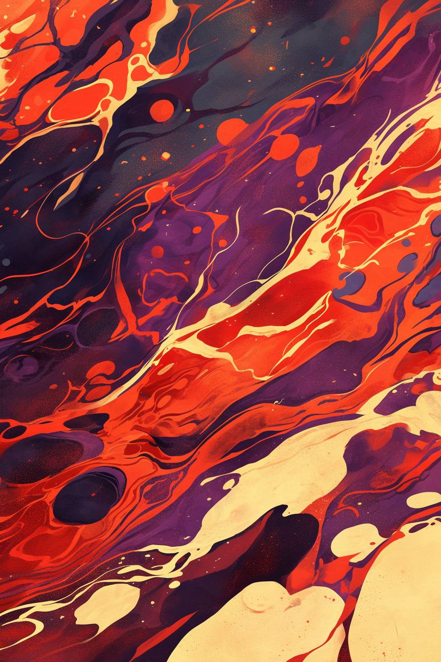 Abstract fluid art with rich reds, purples, and oranges blending together in an energetic style.