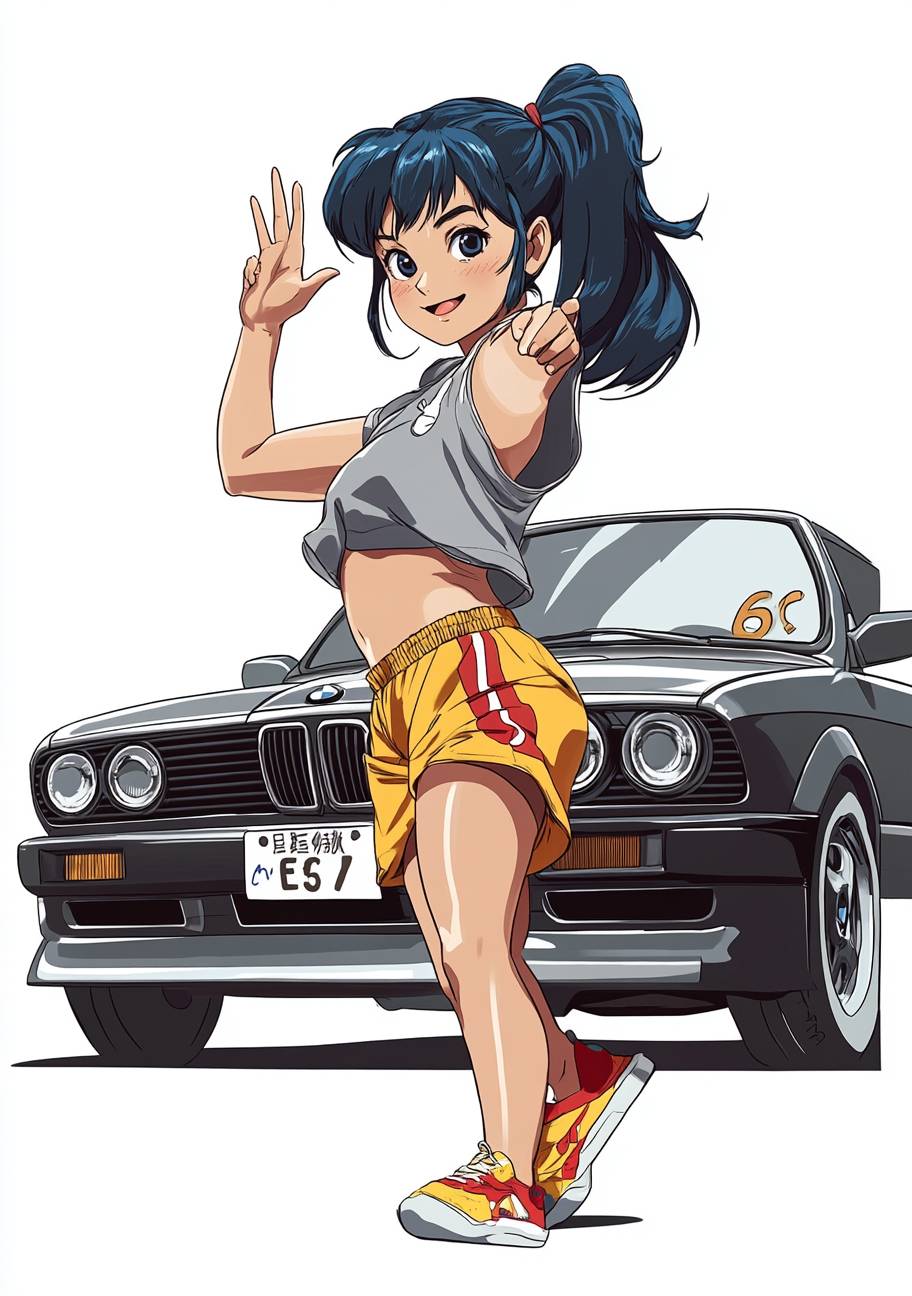 Une femme aux cheveux bleu foncé en couettes, portant un short de sport jaune et rouge, s'appuie sur une AMX Volv noire en saluant derrière une vieille BMW E30.