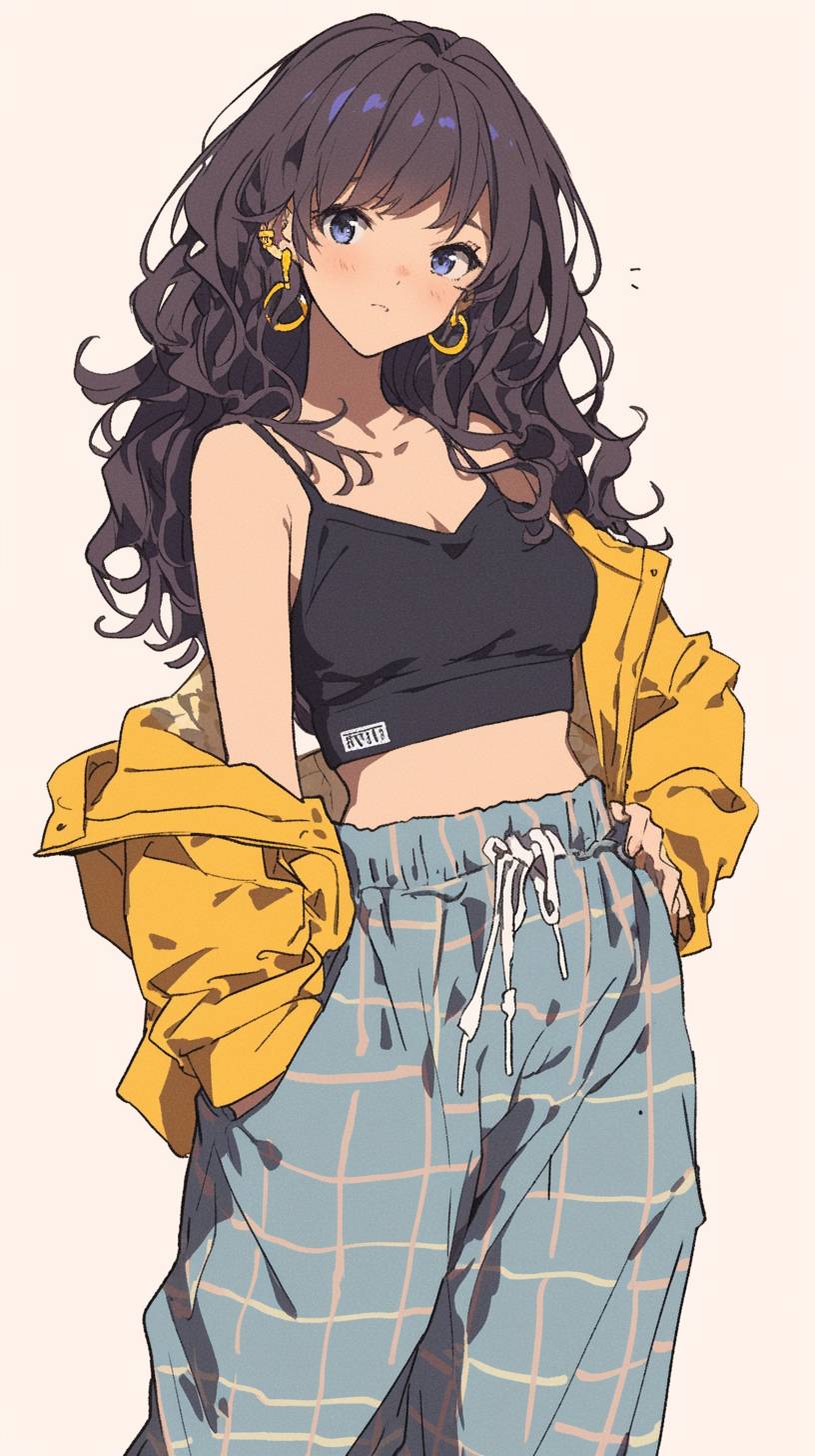 Chica de anime con una camiseta sin mangas y pantalones jogger estampados, relajada pero única, con ropa casual colorida