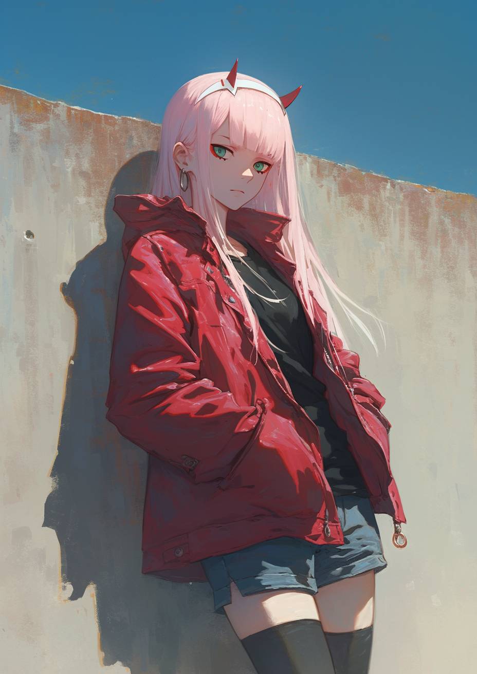 Zero Two de Darling in the Franxx en estilo urbano, con una chaqueta de cuero rojo, jeans negros y botas de plataforma, mostrando una vibra fresca y rebelde.