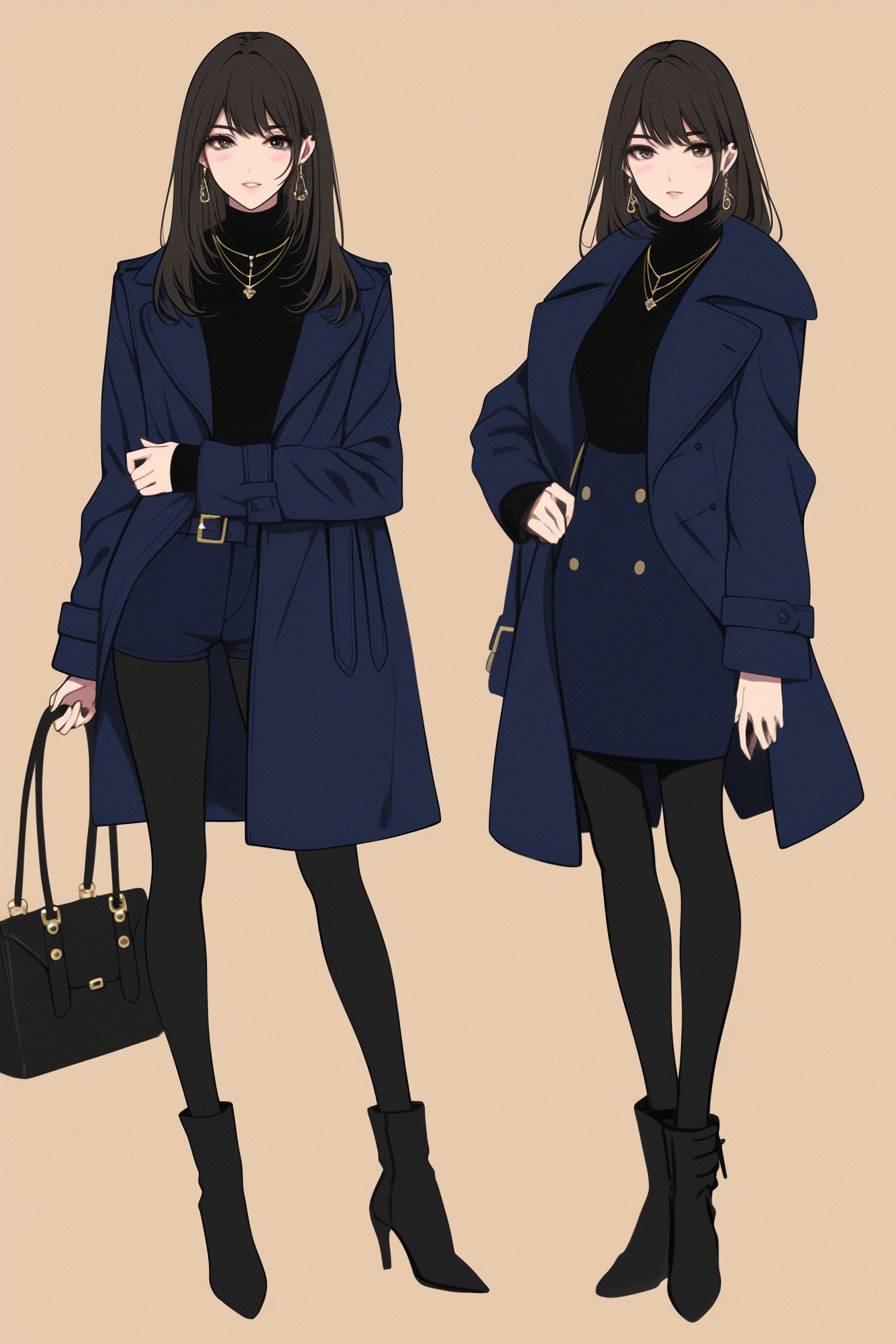 Un personnage inspiré de l'anime portant un manteau bleu marine sur un col roulé noir avec des bottes jusqu'aux genoux, incarnant le style élégant de Kate Middleton.