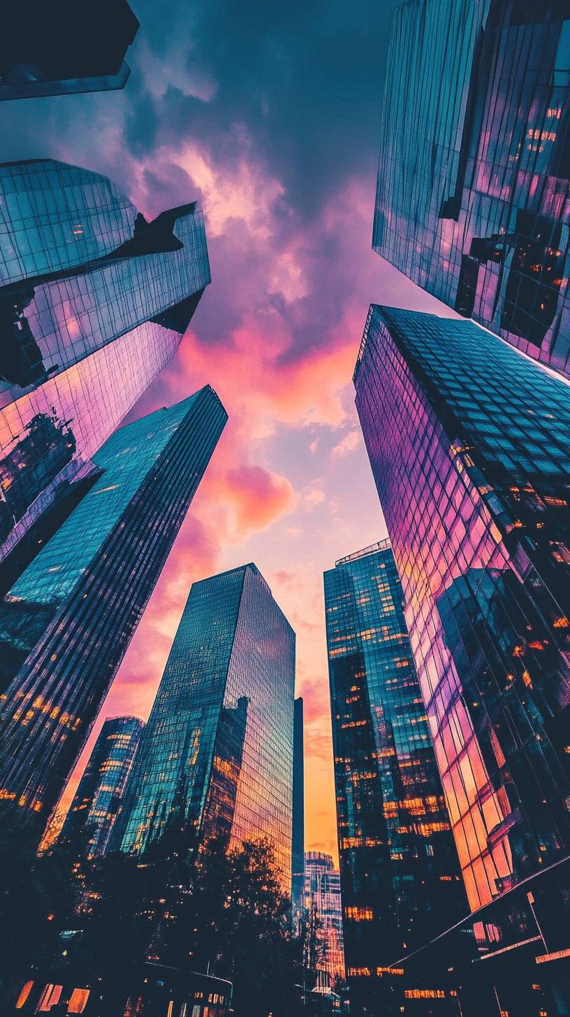 Modern city skyline at golden hour, glass skyscrapers reflecting sunset with gradient purple clouds in the distance, cinematic view.