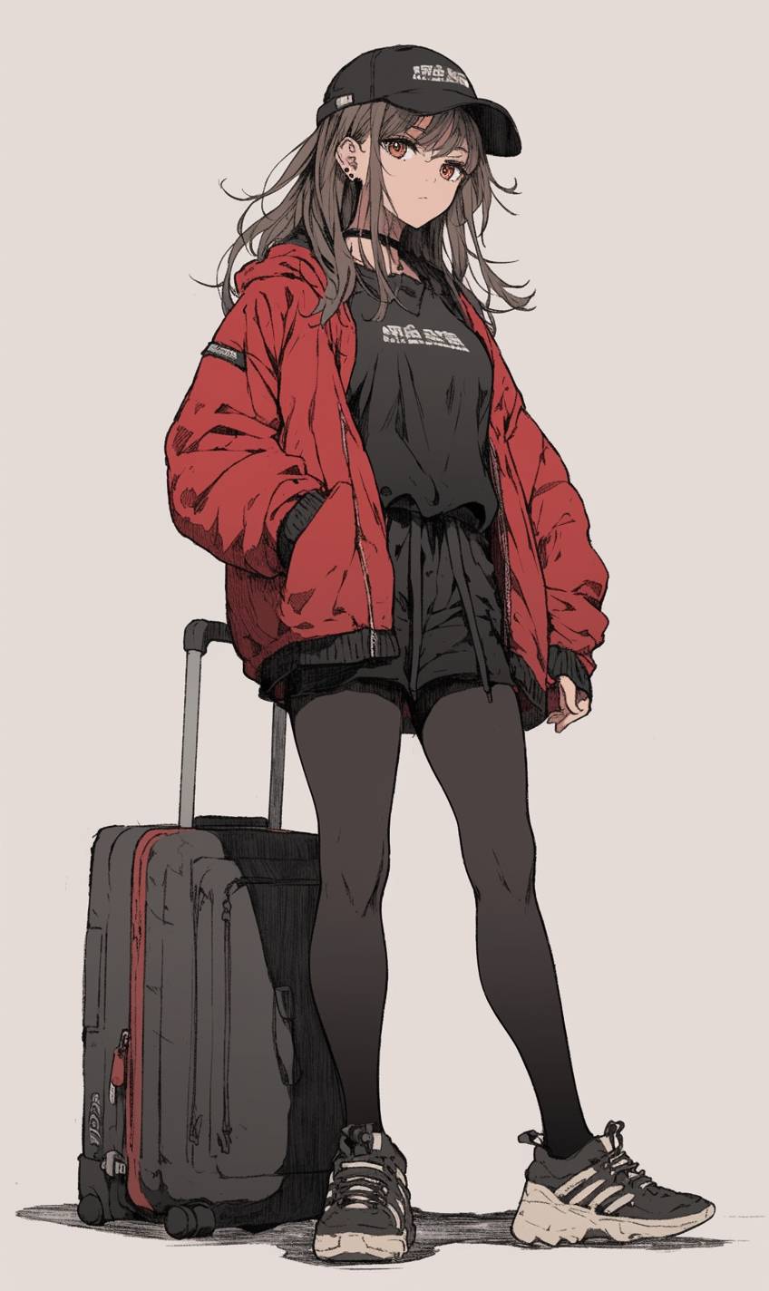 Riko Aida aus Kuroko's Basketball trägt sportliche Streetwear, einen roten Hoodie, schwarze Sweatpants und Laufschuhe, während sie einen Gymbag auf dem Bürgersteig einer Stadt trägt.