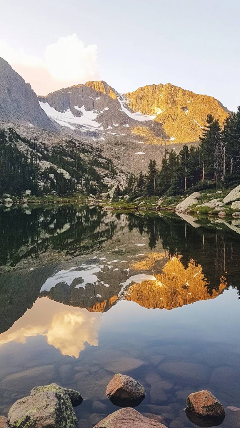 Lago de montanha tranquilo refletindo picos cobertos de neve ao amanhecer, água cristalina, natureza intocada.