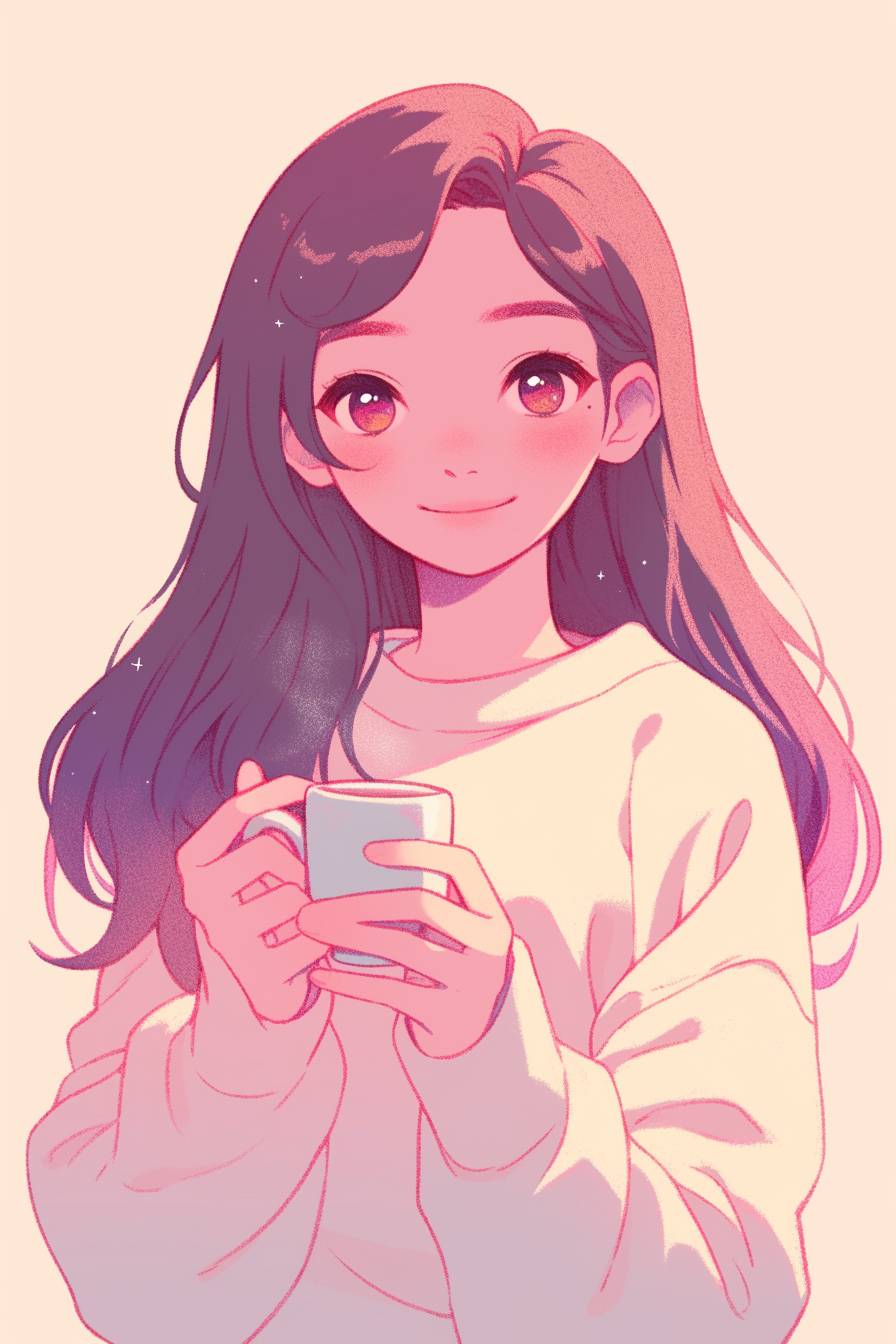 Chica de anime suave sosteniendo una taza de té en tonos pasteles cálidos