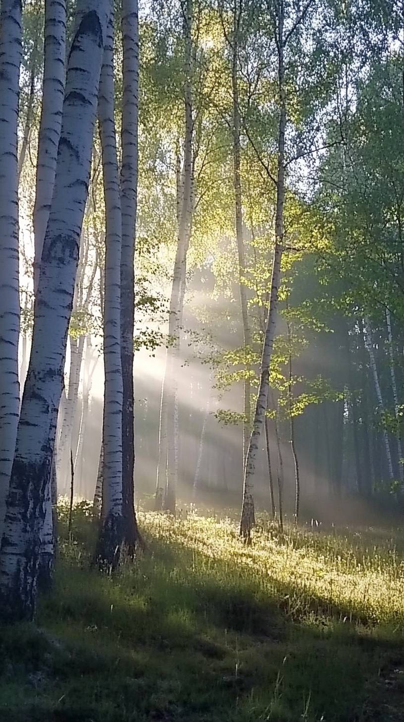 Bosque de abedules a la luz de la mañana, corteza blanca brillando, brisa suave.