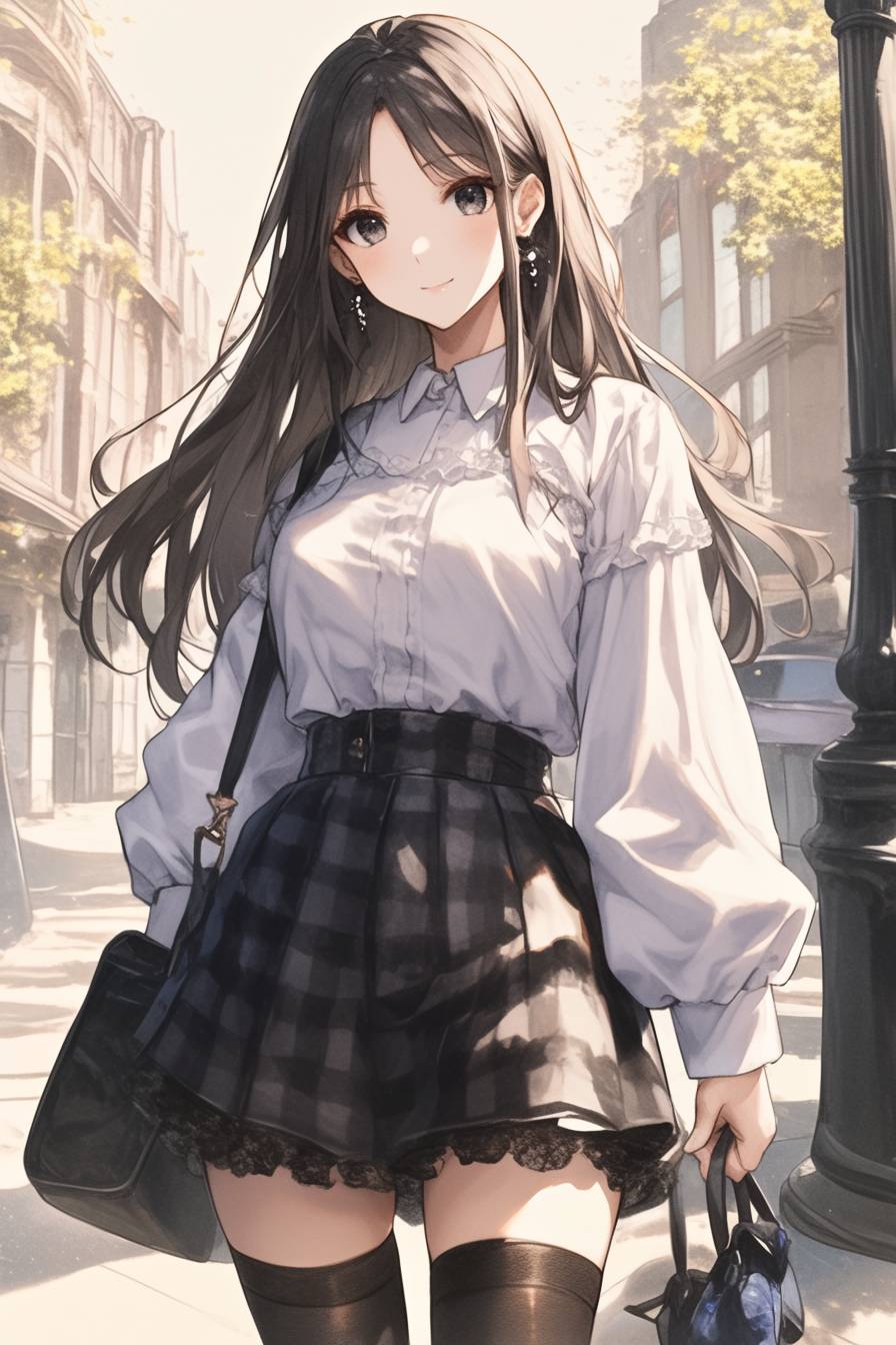 Kaguya Shinomiya porte une blouse blanche, une jupe noire, des chaussettes jusqu'au genou et des ballerines, marchant dans un quartier commerçant de luxe.