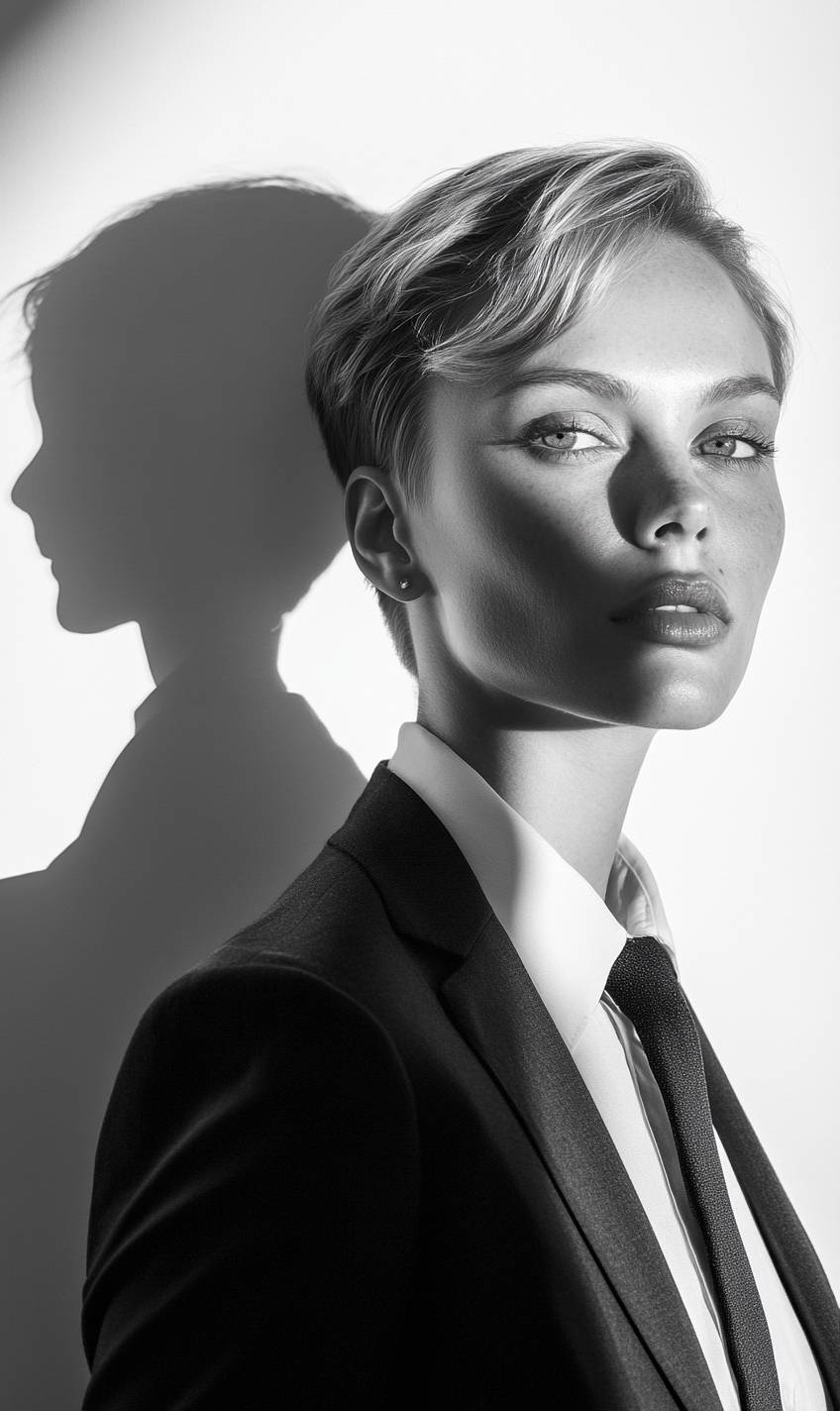 A black and white photo of a beautiful woman in a suit and tie with short hair, featuring double exposure and motion blur, with shadows of two people in the background.