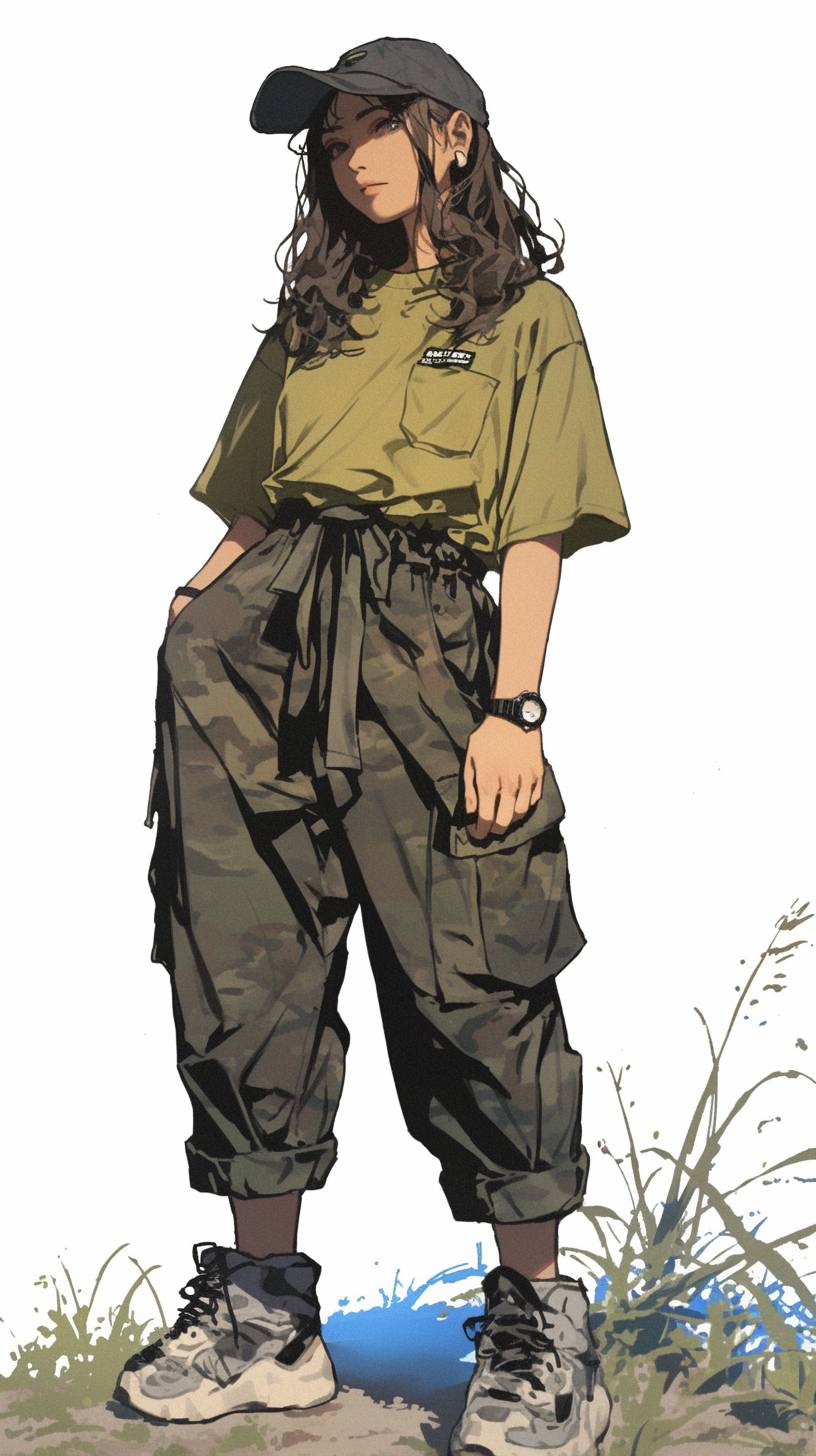 South African anime girl showcasing fashion inspired by Cape Town safari, wearing cargo pants and hiking boots.