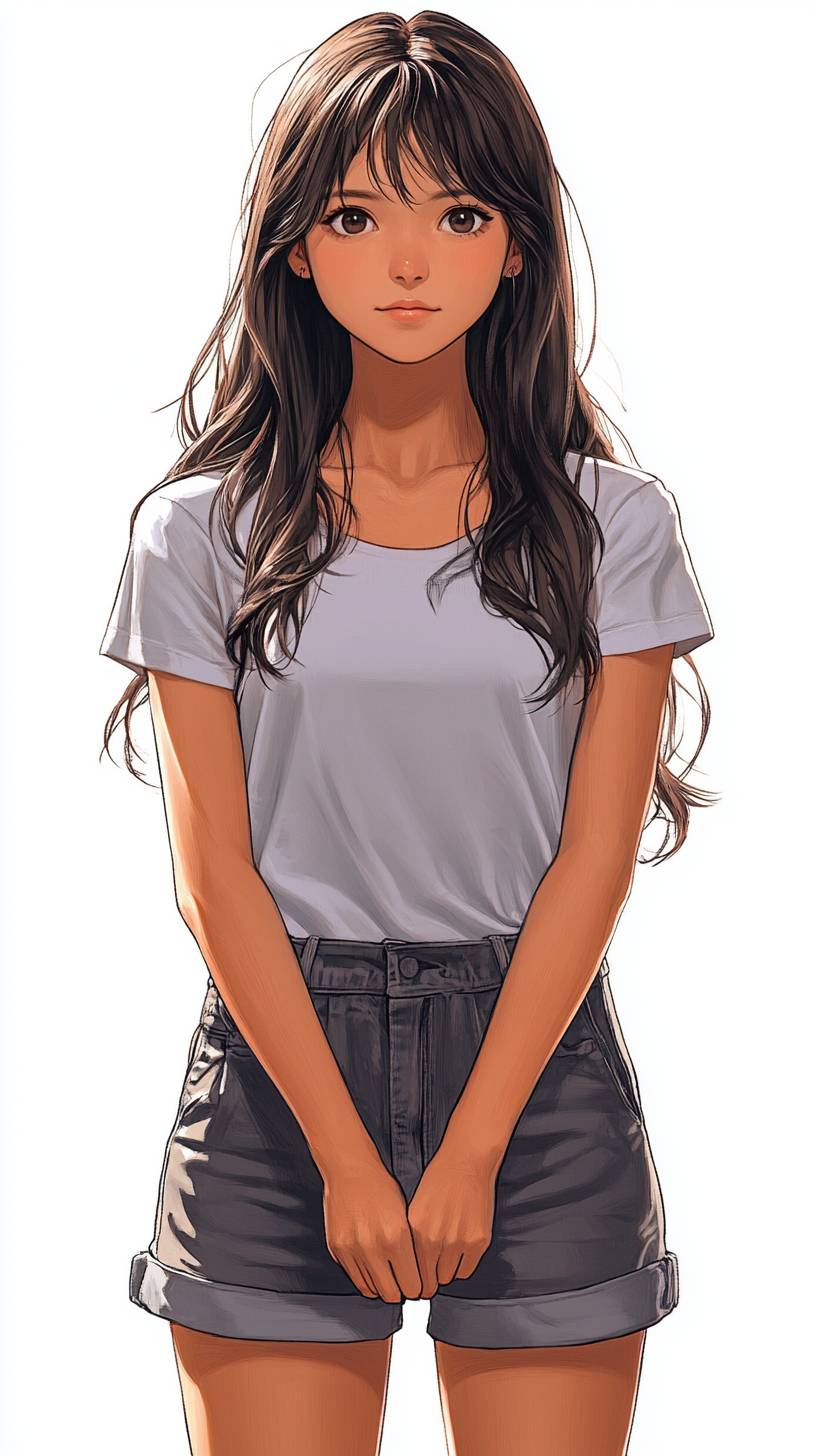 Girl standing in front view on a white background, in Japanese anime style