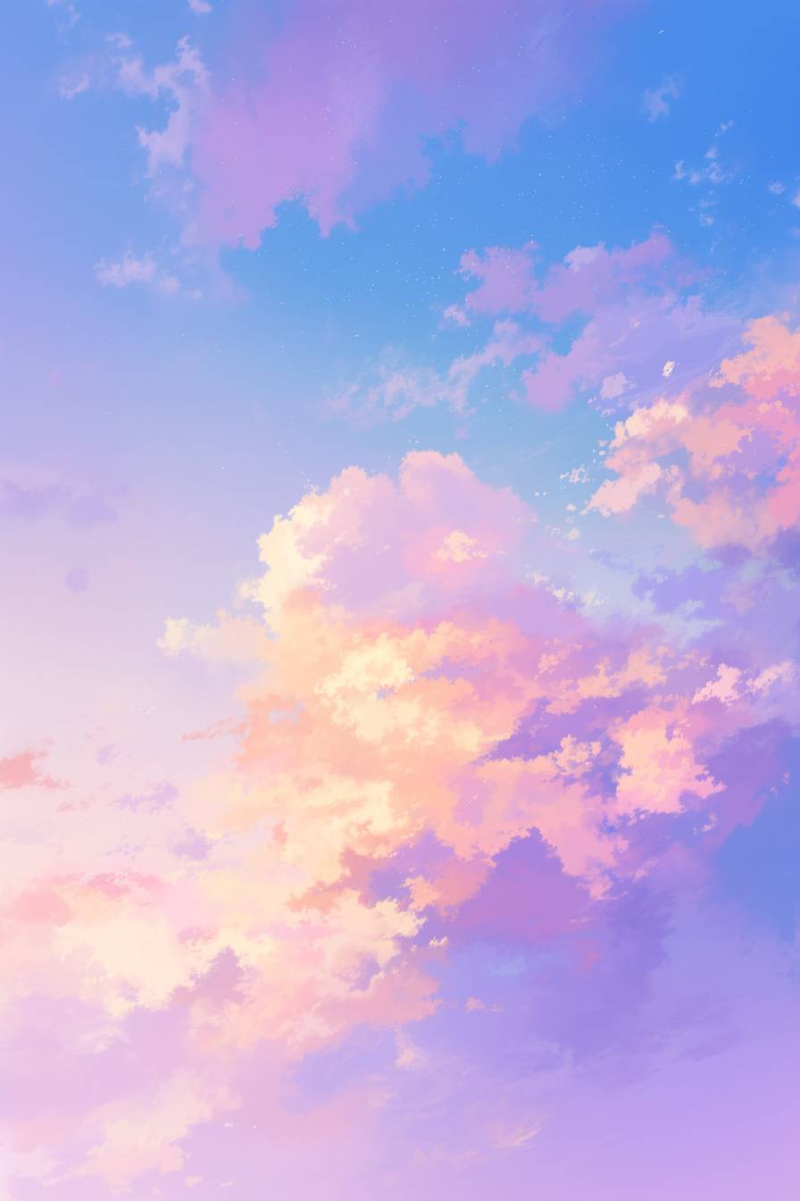 Dreamy gradient clouds with soft golden and purple hues, minimalist nature vibe