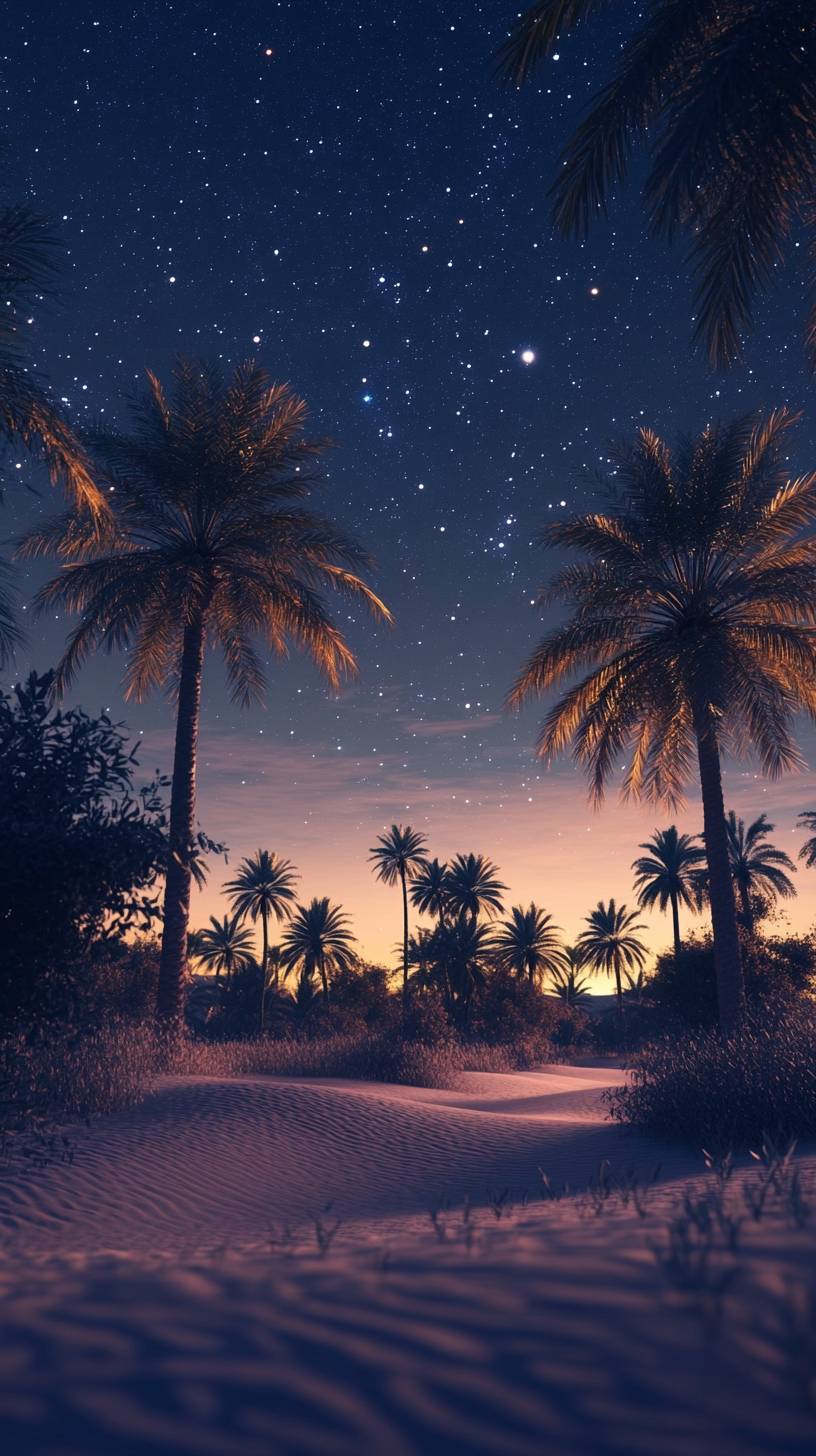 Oasis du désert sous une nuit étoilée, palmiers, ciel clair, atmosphère magique