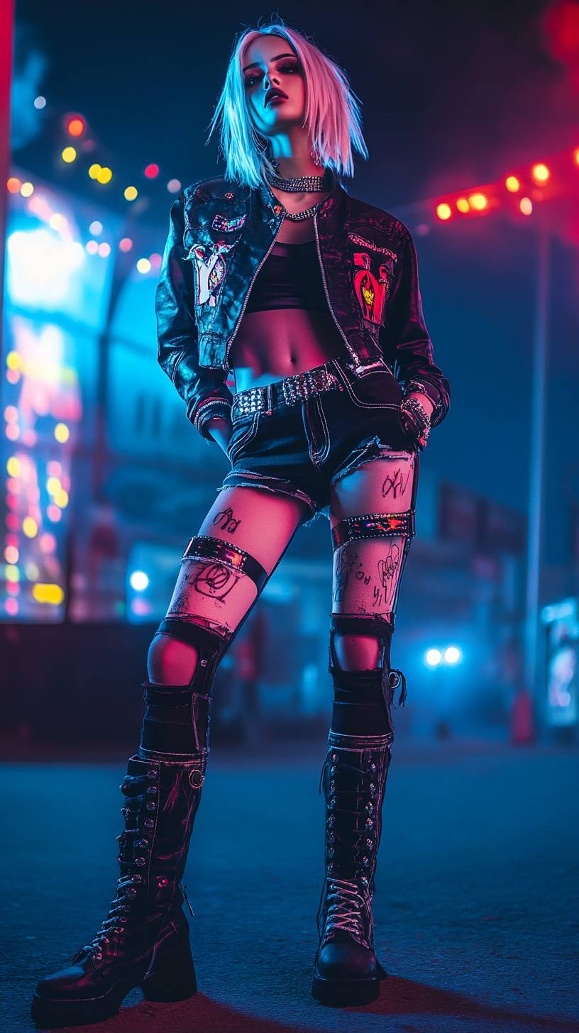 Un personnage d'anime portant une tenue de rock inspirée de Demi Lovato, avec des cheveux courts et des bottes dans un lieu de concert.