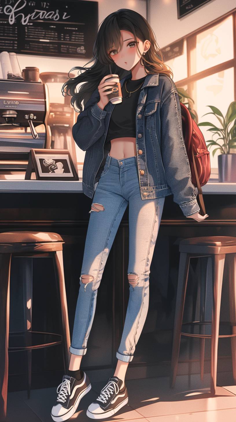 A girl wearing a Madewell denim jacket, an Urban Outfitters crop top, mom jeans, and Vans Old Skool, carrying a backpack in a coffee shop setting.