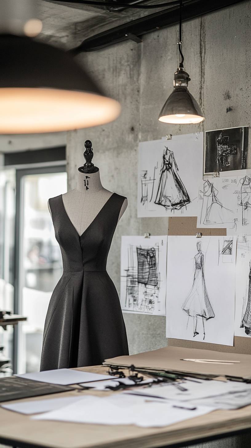 Atelier de mode avec forme de robe, table de découpe, croquis de design et lumières suspendues industrielles.