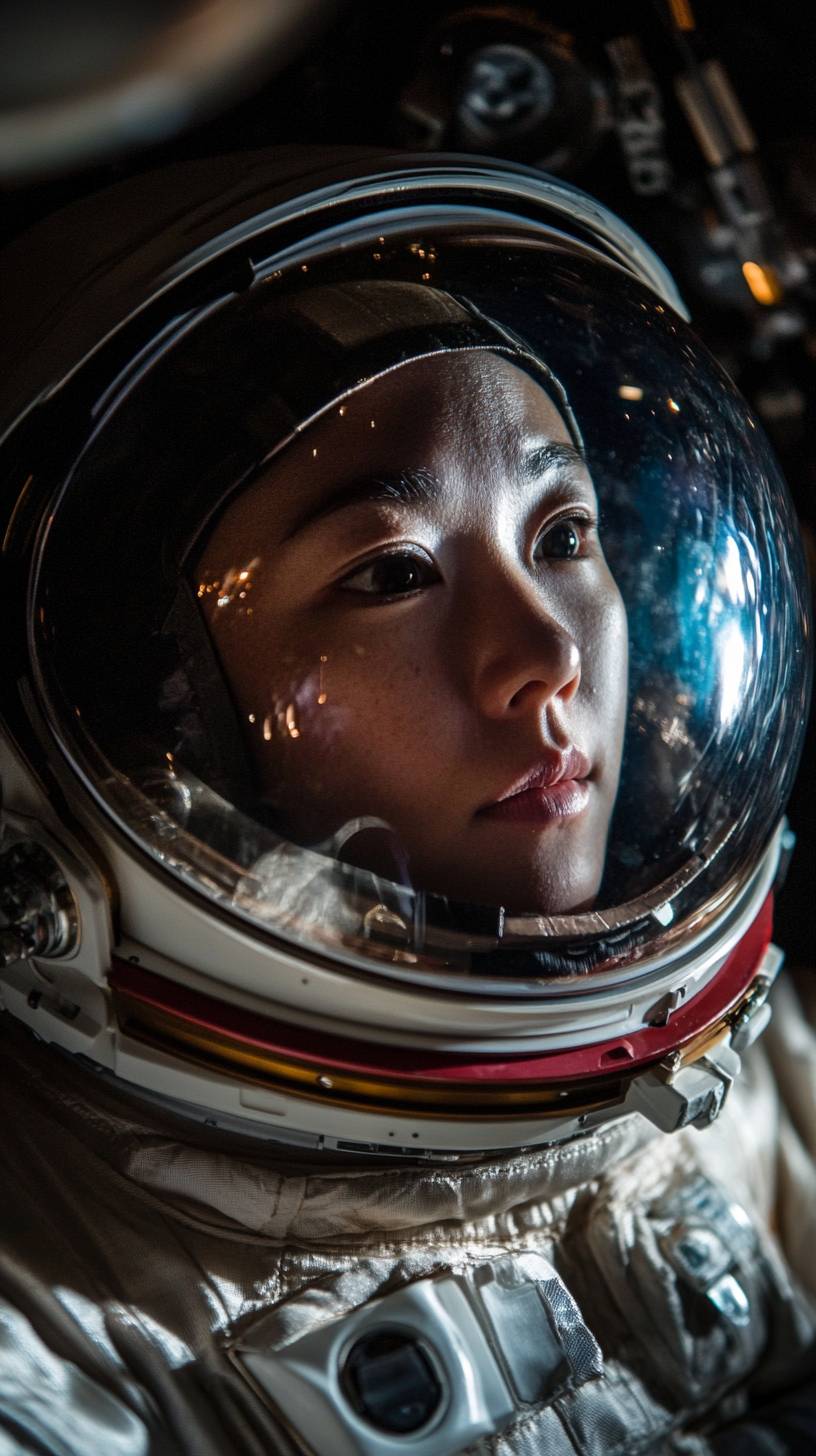 An astronaut is floating in space with Earth's reflection in the helmet, stars as a backdrop, and dramatic lighting.