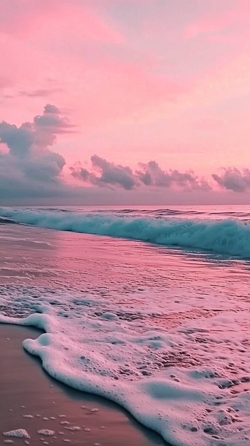 Uma cena de praia tranquila ao amanhecer, com ondas suaves e um céu mudando de azul profundo para rosa suave.