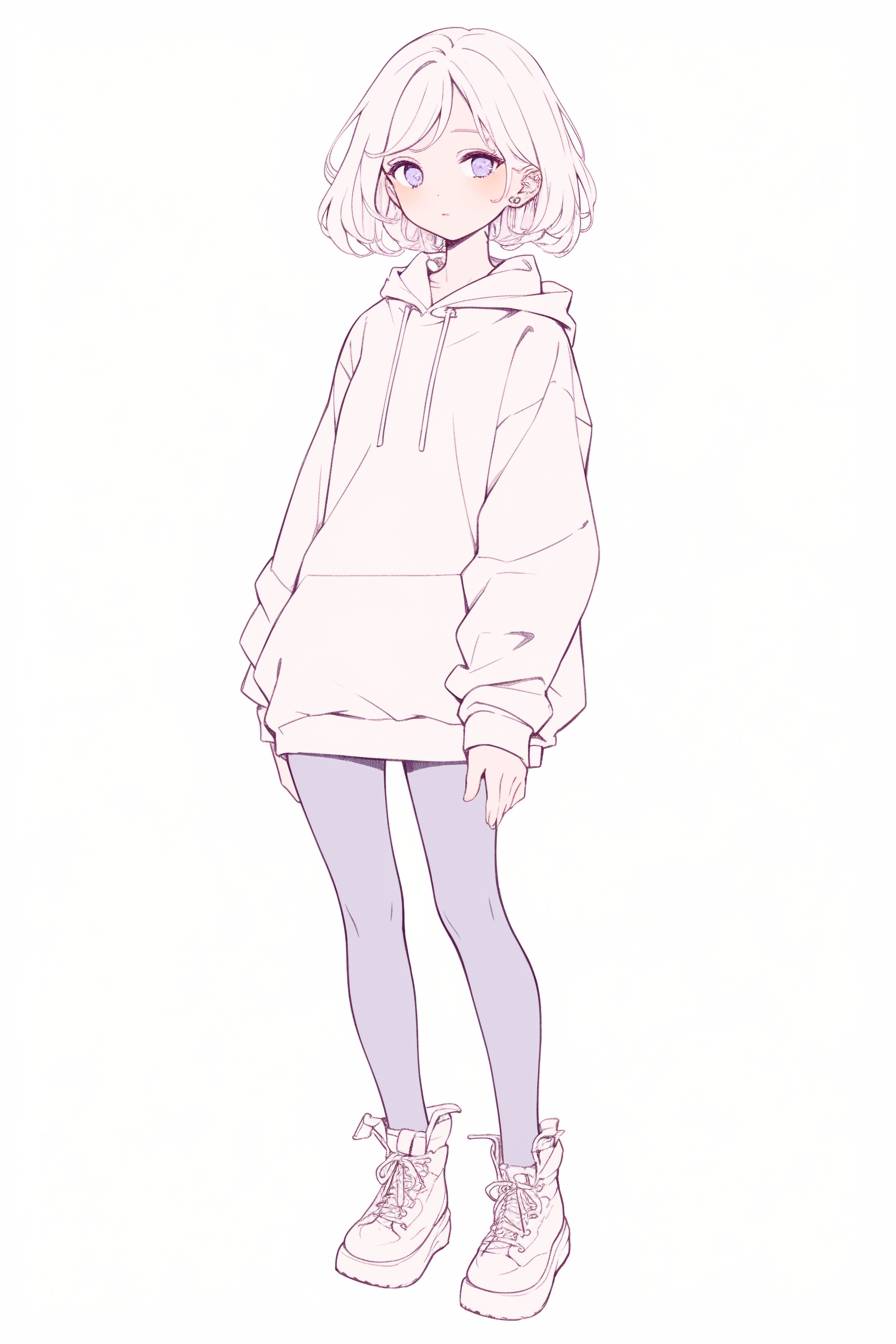 Fille d'anime minimaliste avec une tenue moderne, art linéaire simple et couleurs douces.