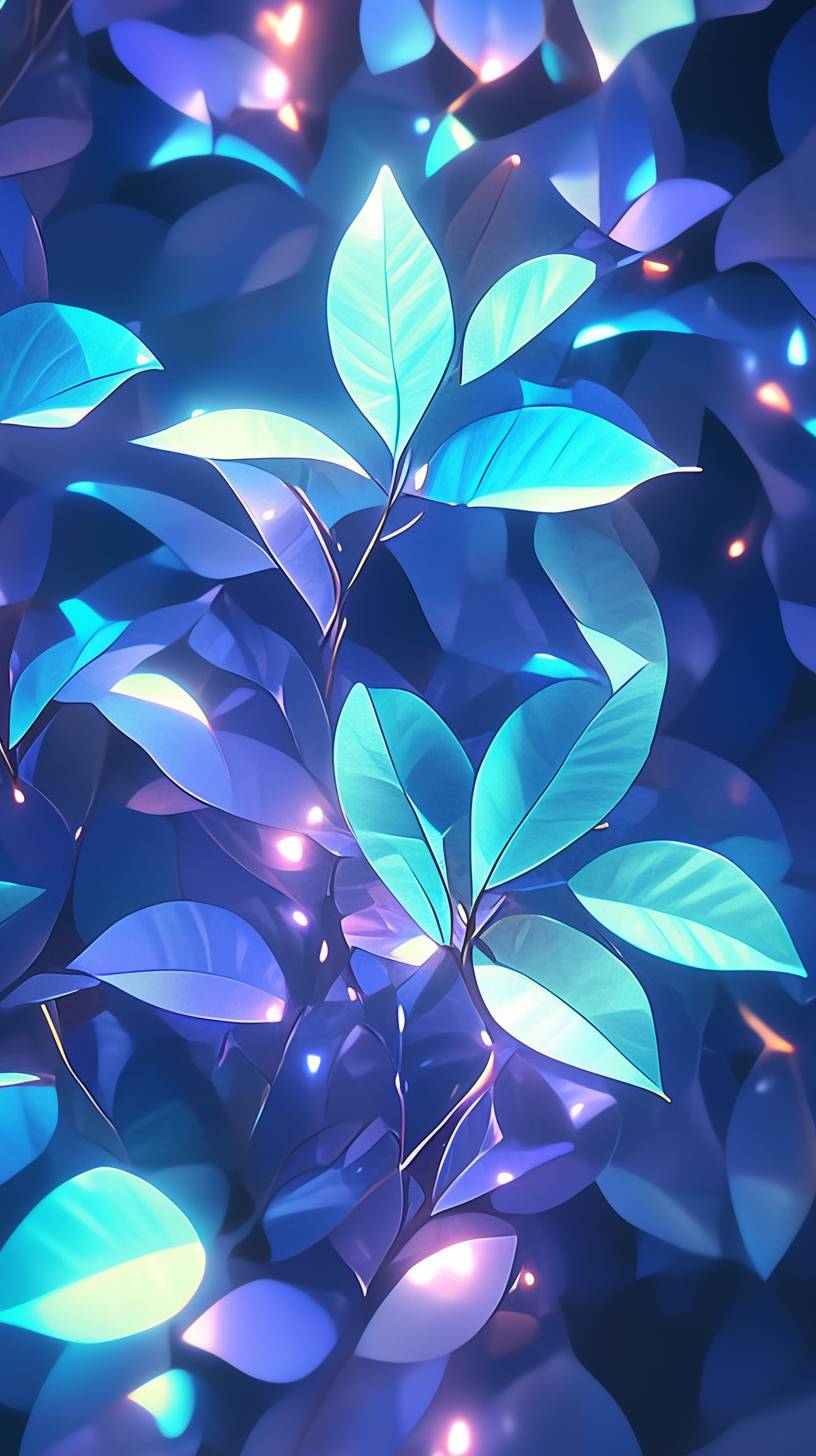 Neon-lit botanical leaves, futuristic holographic background in green and purple tones