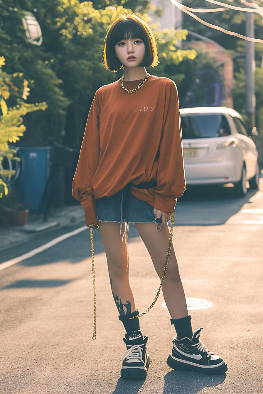 Una chica lleva una camiseta holgada y pantalones cortos, combinando zapatillas gruesas y una cadena dorada, mostrando un estilo cotidiano.