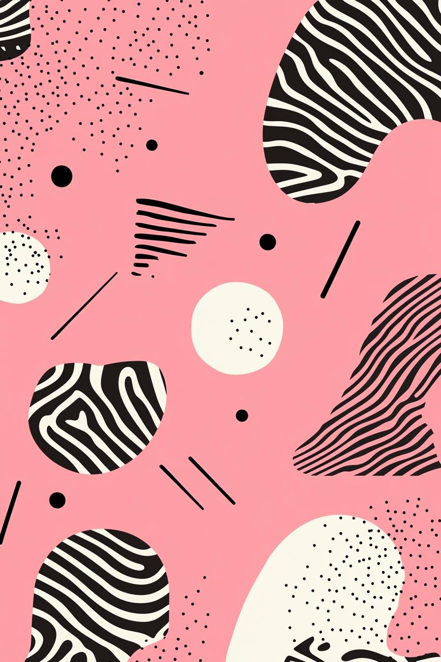 A minimalist pattern on a pink background with digital glitch effects, featuring simple black and white shapes and lines, ideal for tech-inspired designs or modern aesthetics.