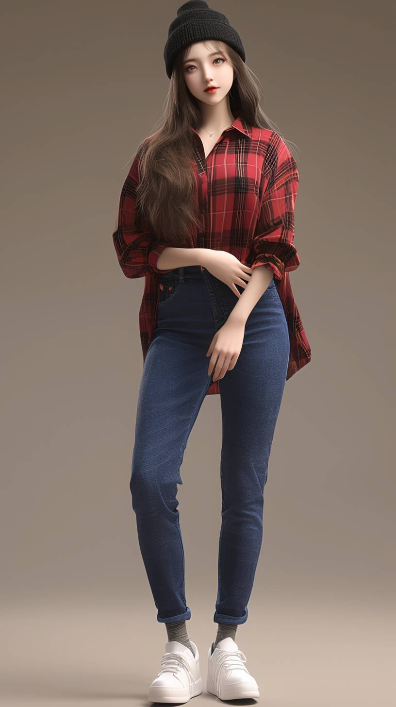 An anime girl in a classic red plaid shirt, high-waisted blue jeans, black beanie, and white sneakers showcases a laid-back, trendy look.