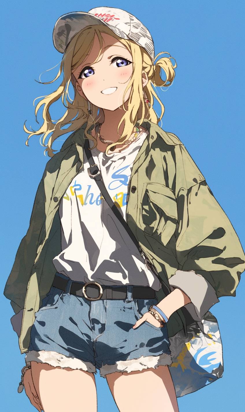 Mari Ohara aus Love Live! Sunshine!! im lässig-sportlichen Stil, mit einem weißen T-Shirt und blauen Shorts, auf dem Weg ins Fitnessstudio mit einer Sporttasche.