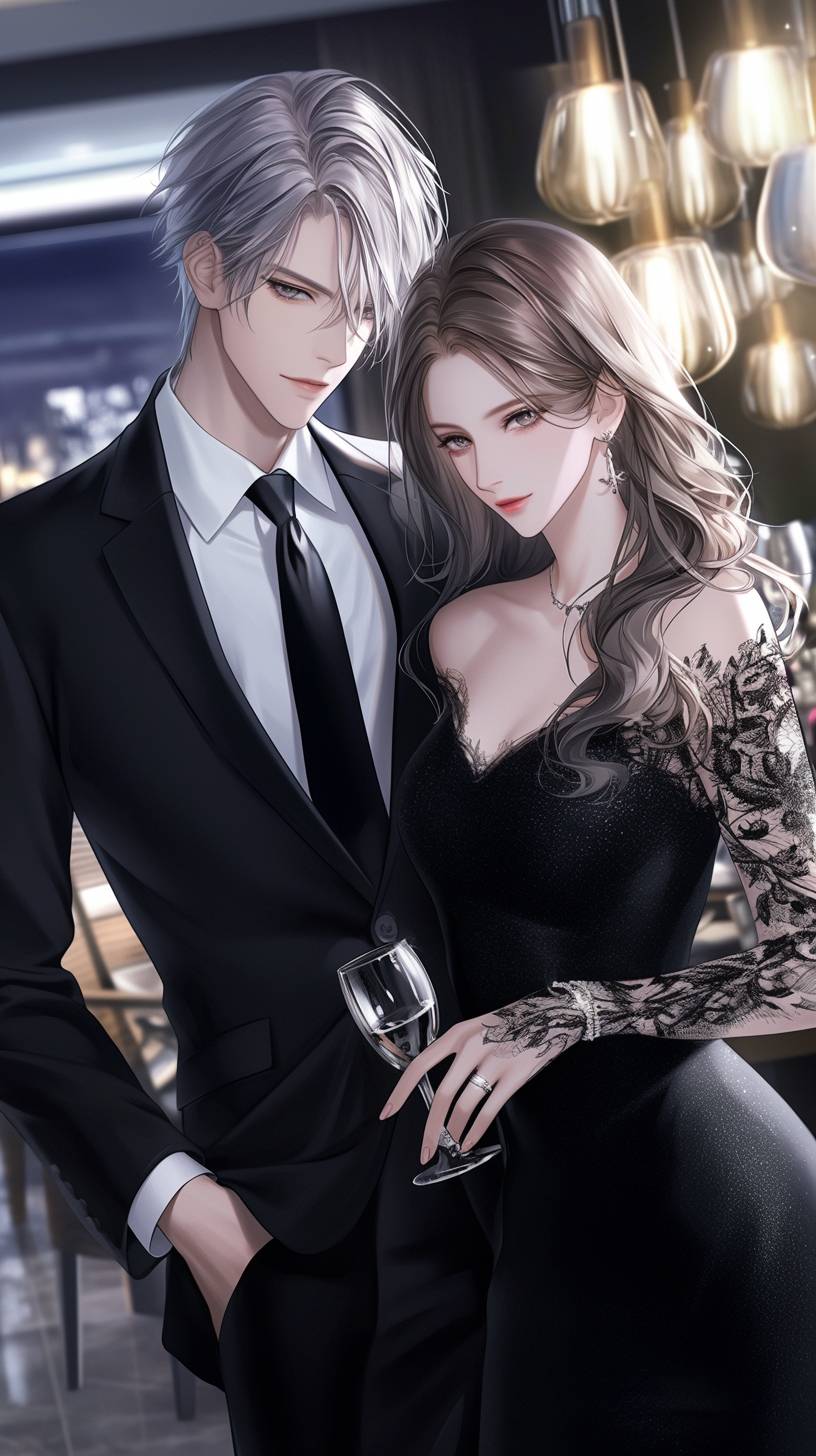 An anime couple enjoys a romantic dinner at a fancy restaurant; he wears a tailored black suit, and she wears a sleek black dress.