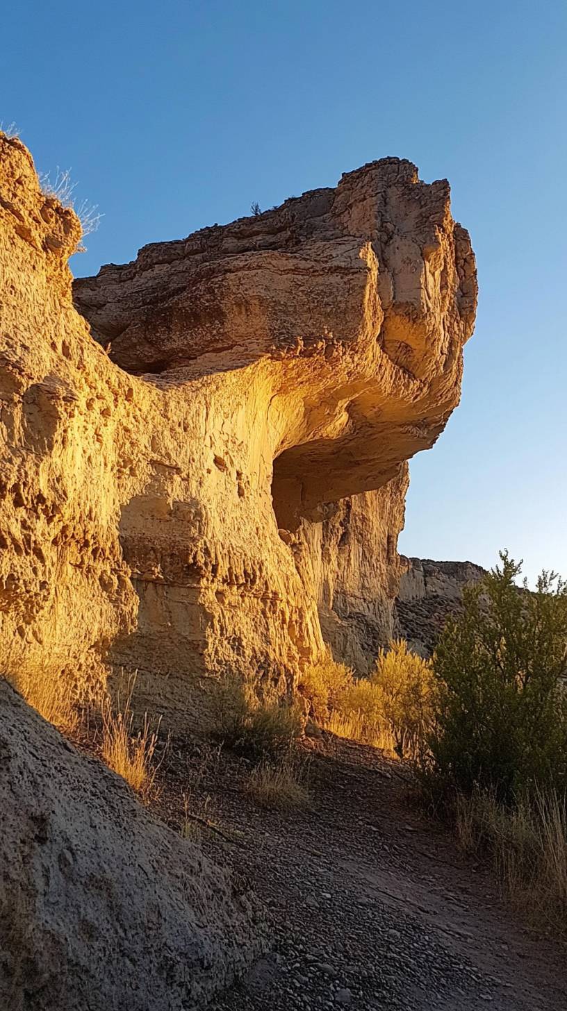 Arc de roc du désert au coucher du soleil, lumière dorée chaude et ombres subtiles.