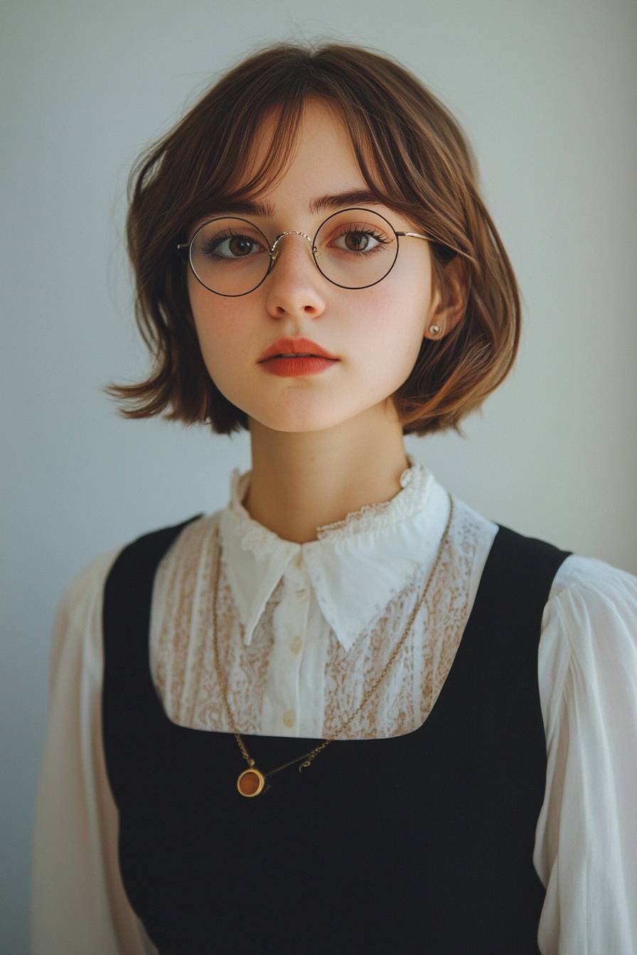 Una chica con estilo de Emma Watson usando un atuendo de moda sostenible, con accesorios mínimos y pelo corto y elegante, en un evento literario.