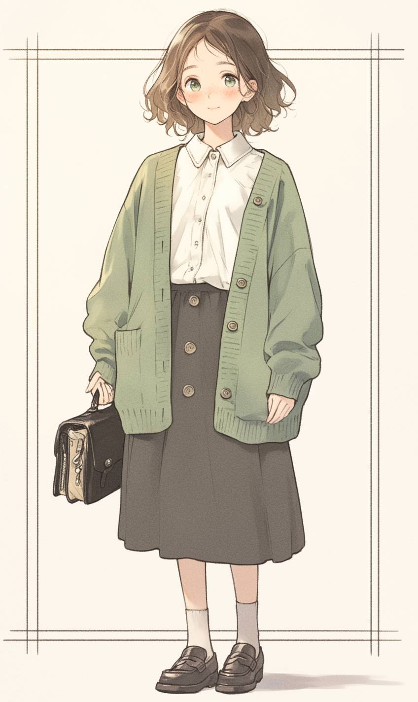 Chica de anime con un cárdigan pastel sobre una camisa blanca, falda en A y mocasines, terminando el look con un bolso vintage para un estilo elegante.