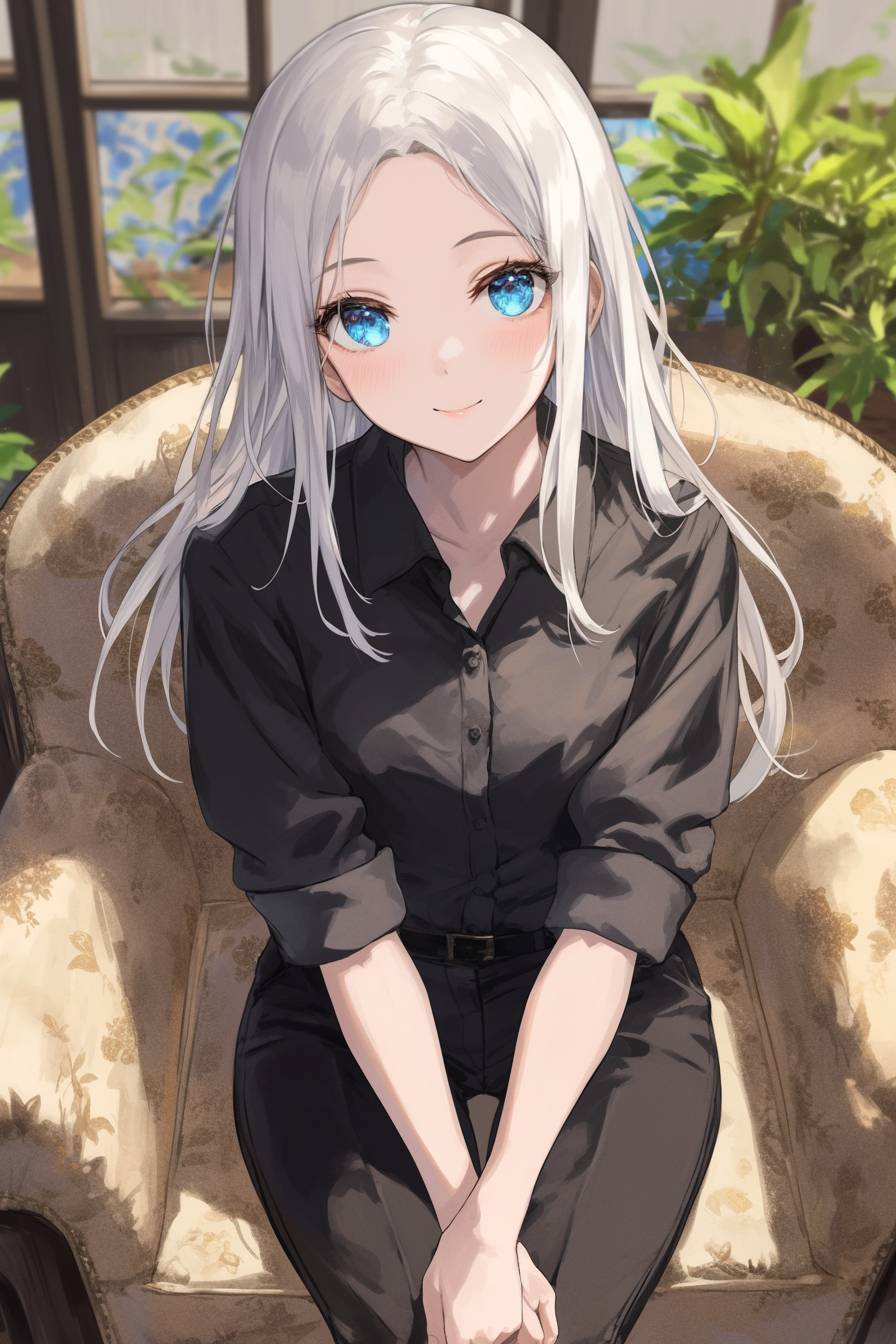 Kaguya Shinomiya porte un haut blanc élégant et simple avec un pantalon noir, marchant dans un jardin tranquille avec une expression posée et raffinée.