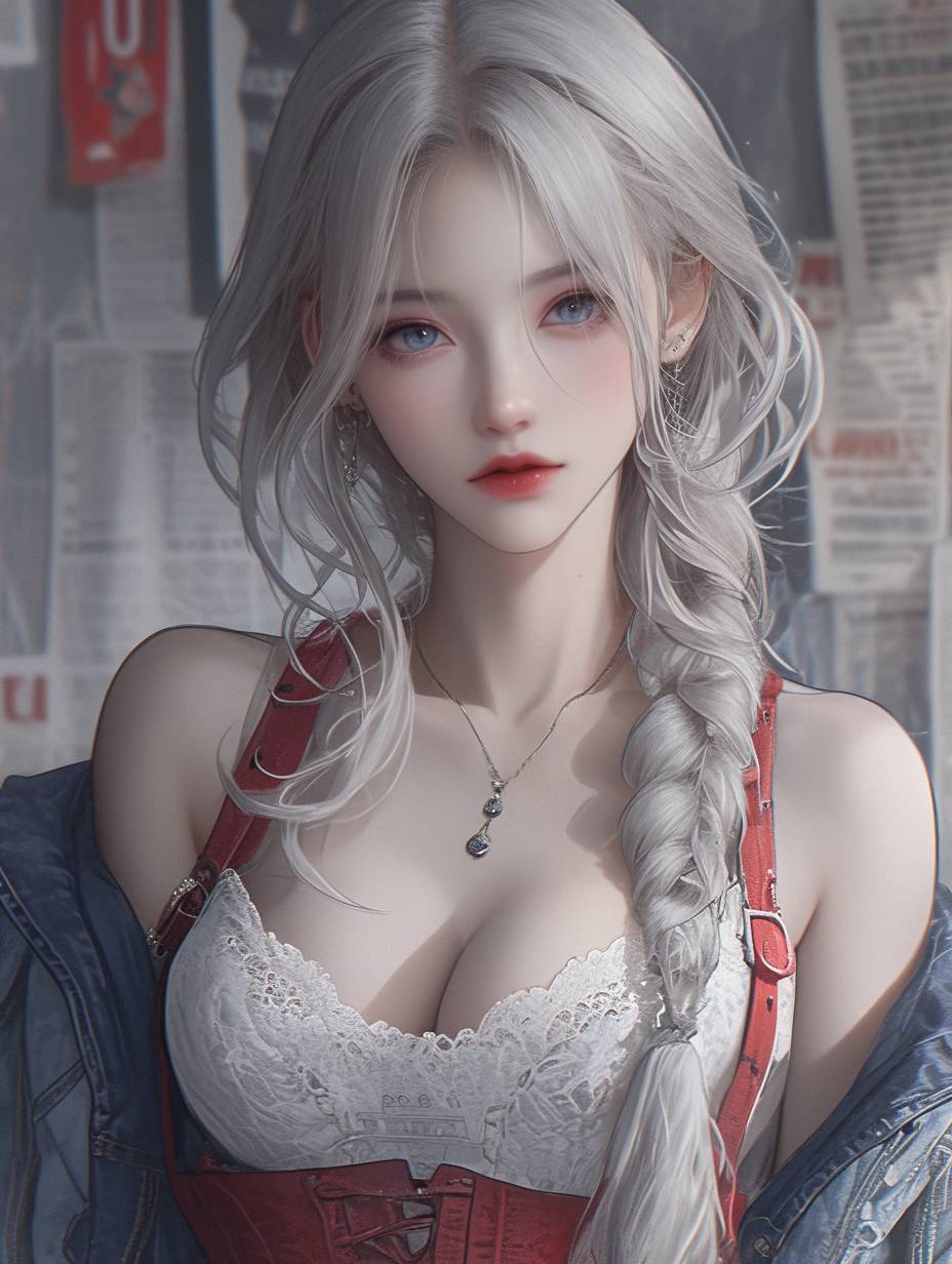 Beautiful Asian girl with shoulder-length white and blue hair, wearing a red suspender vest and a jean jacket, against a newspaper background.