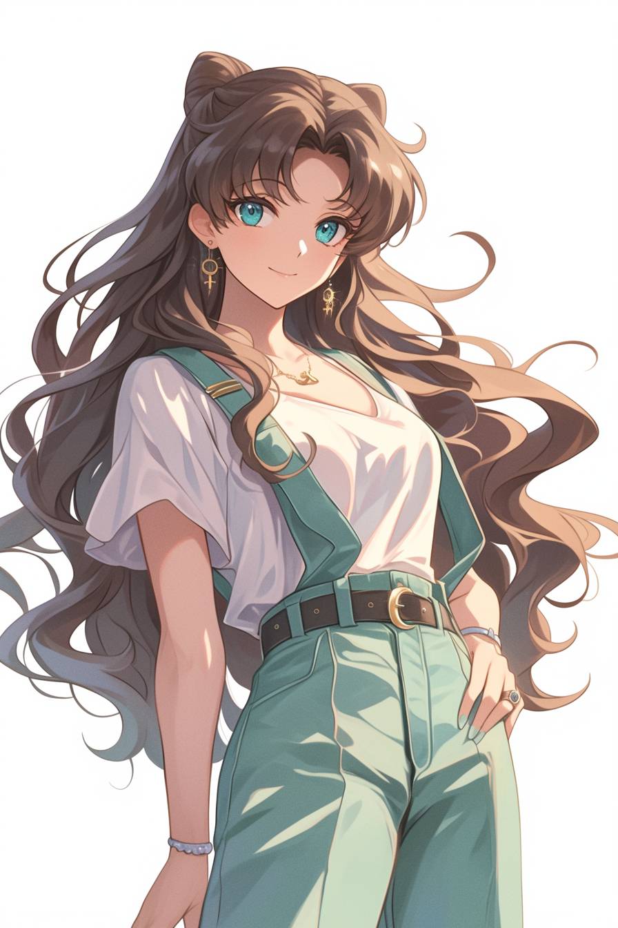 Sailor Moon in casual style, wearing a white blouse and light blue jeans, smiling in a park.