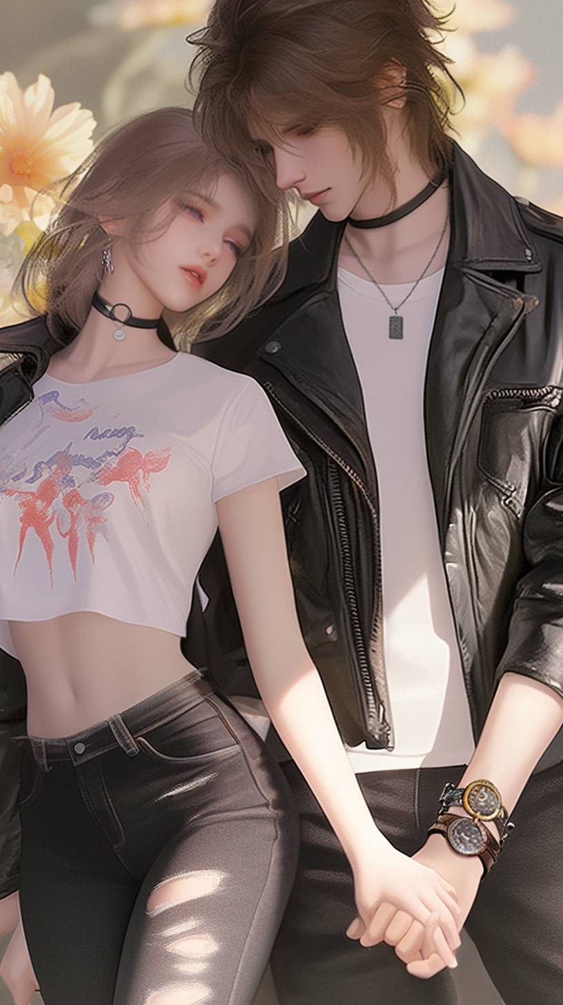 Un couple d'anime réaliste en vestes en cuir noires assorties et t-shirts graphiques blancs, partageant un moment ludique en se tenant par la main.