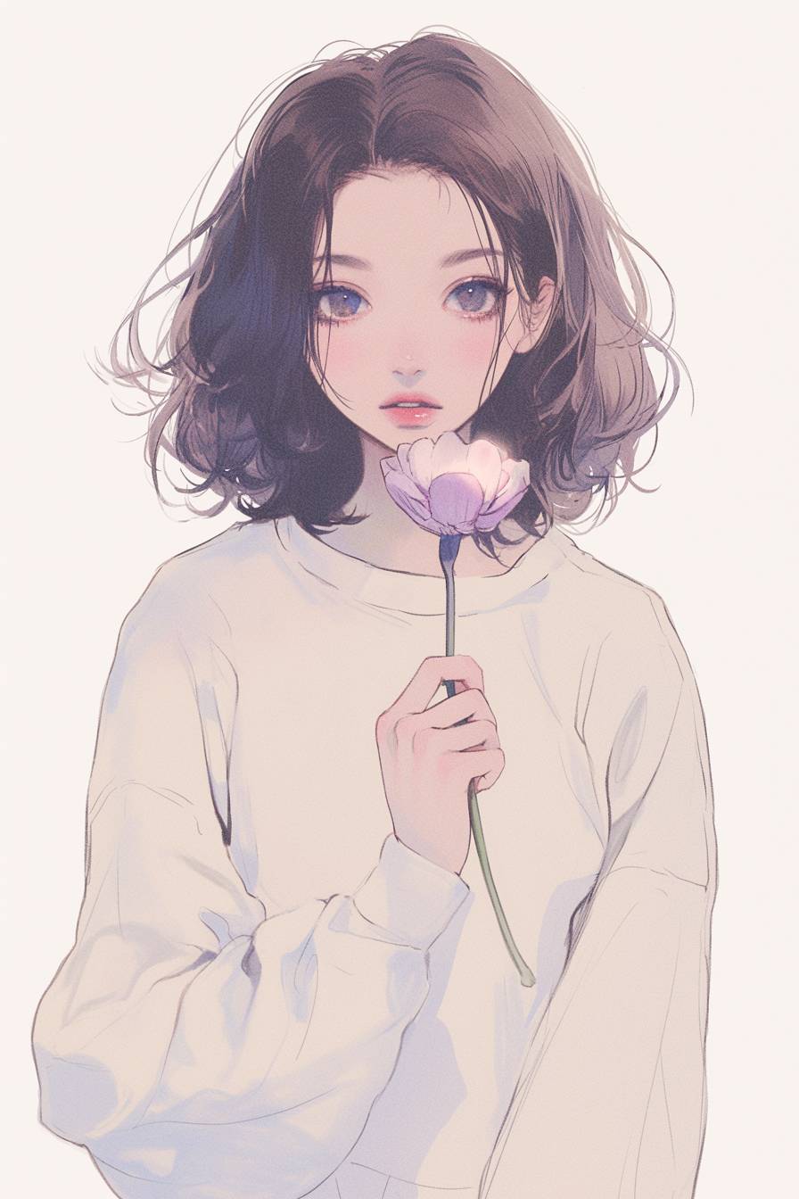 An elegant anime girl holding a single flower in a minimalist style with soft hues