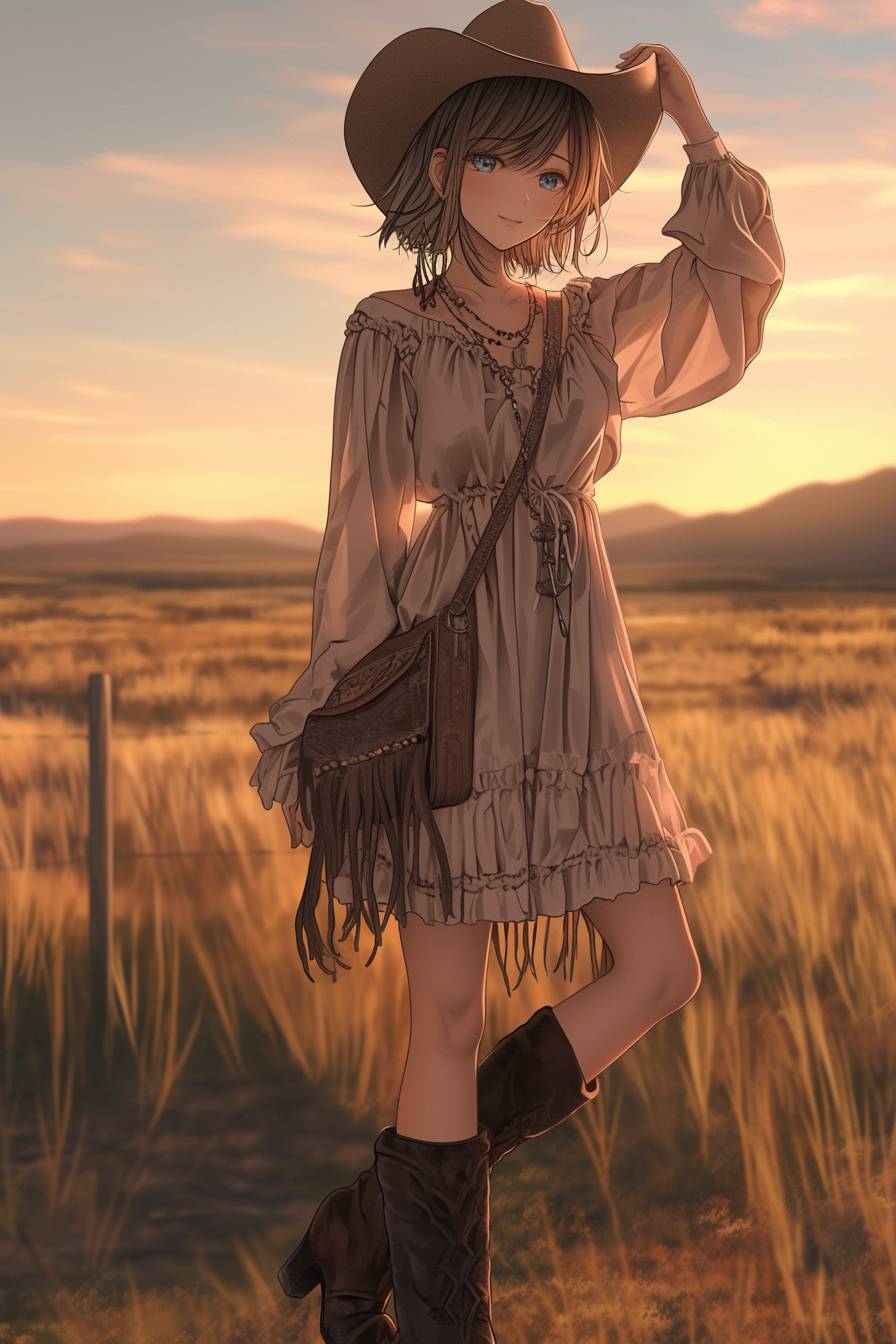 A girl in a Ganni dress, western boots, and a fringe bag, styled for a music festival against a sunset background.